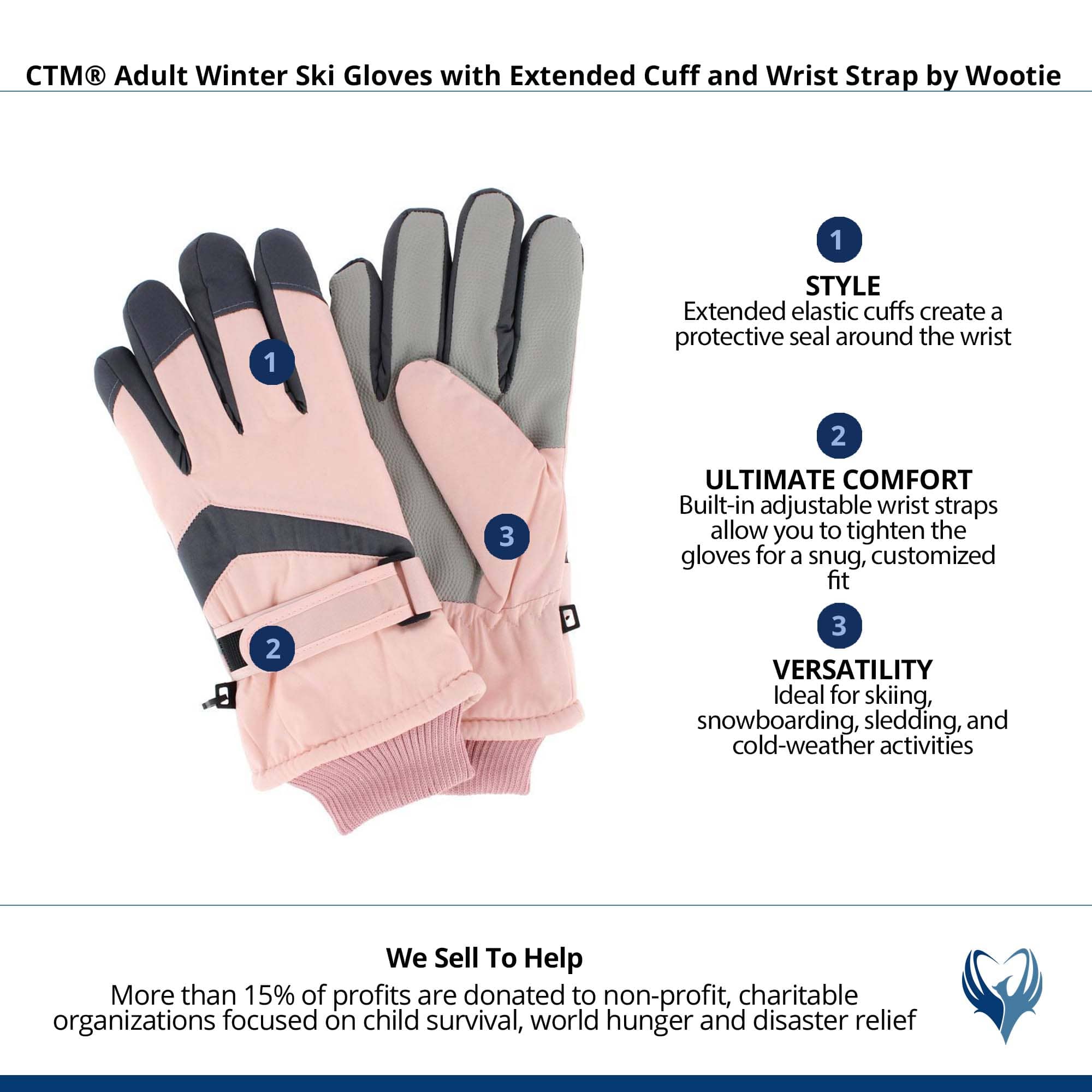 CTM® Adult Winter Ski Gloves with Extended Cuff and Wrist Strap by Wootie - Light Pink