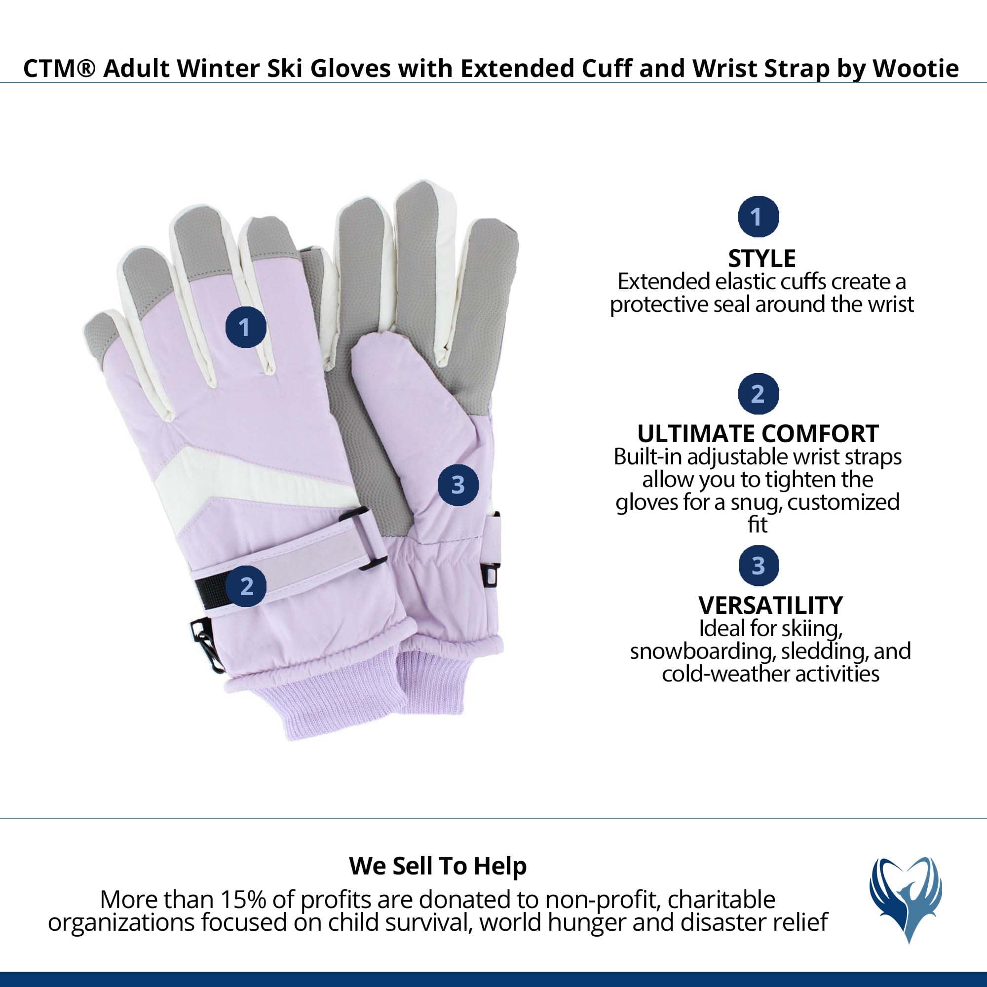 CTM® Adult Winter Ski Gloves with Extended Cuff and Wrist Strap by Wootie - Lilac