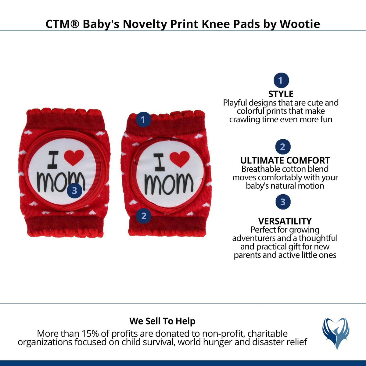 CTM® Baby's Novelty Print Knee Pads by Wootie - Red/Hearts, I Love Mom
