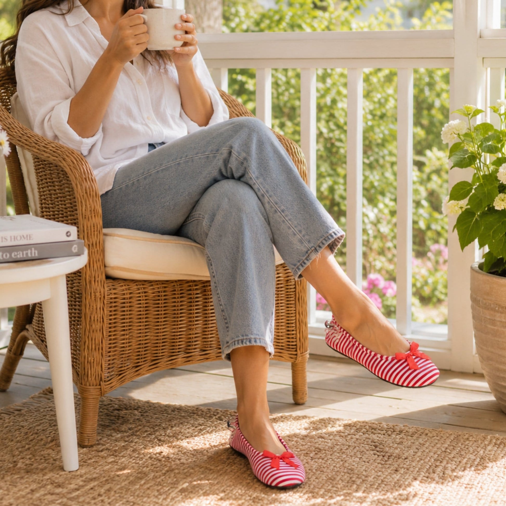 CTM® Women's Striped Ballerina Slipper House Shoe by Wootie - Red