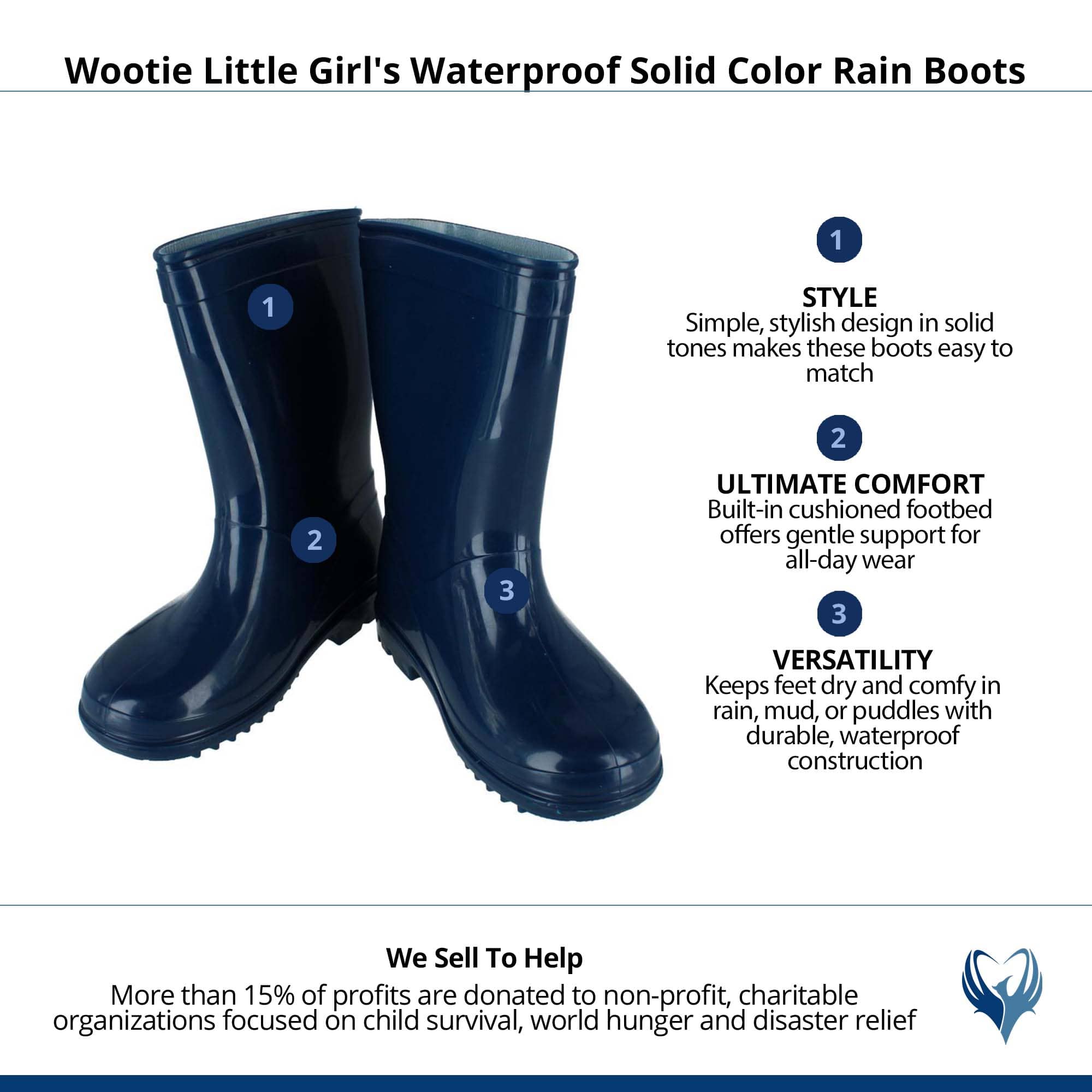 Wootie Little Girl's Waterproof Solid Color Rain Boots by Wootie - Navy