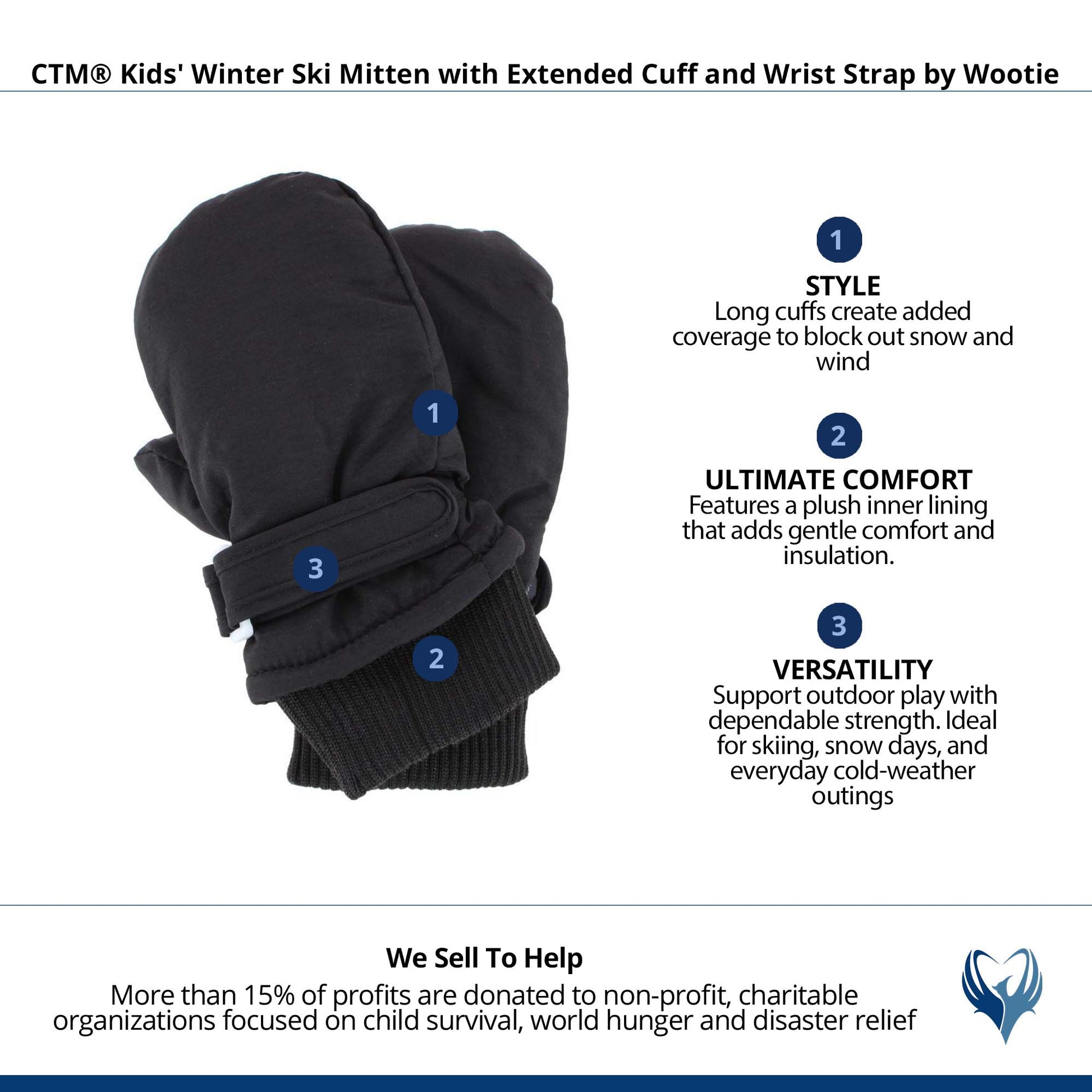 CTM® Kids' Winter Ski Mitten with Extended Cuff and Wrist Strap by Wootie - Black