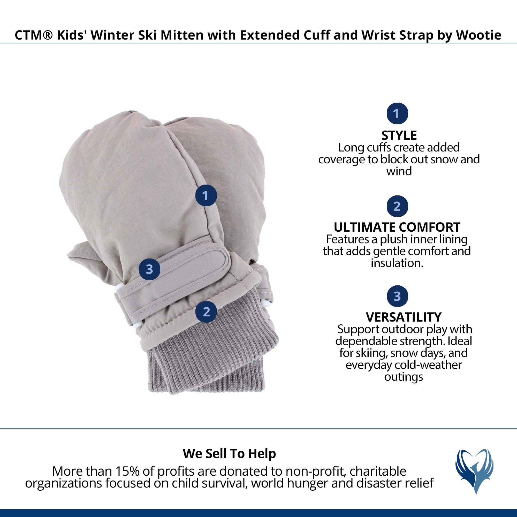 CTM® Kids' Winter Ski Mitten with Extended Cuff and Wrist Strap by Wootie - Gray
