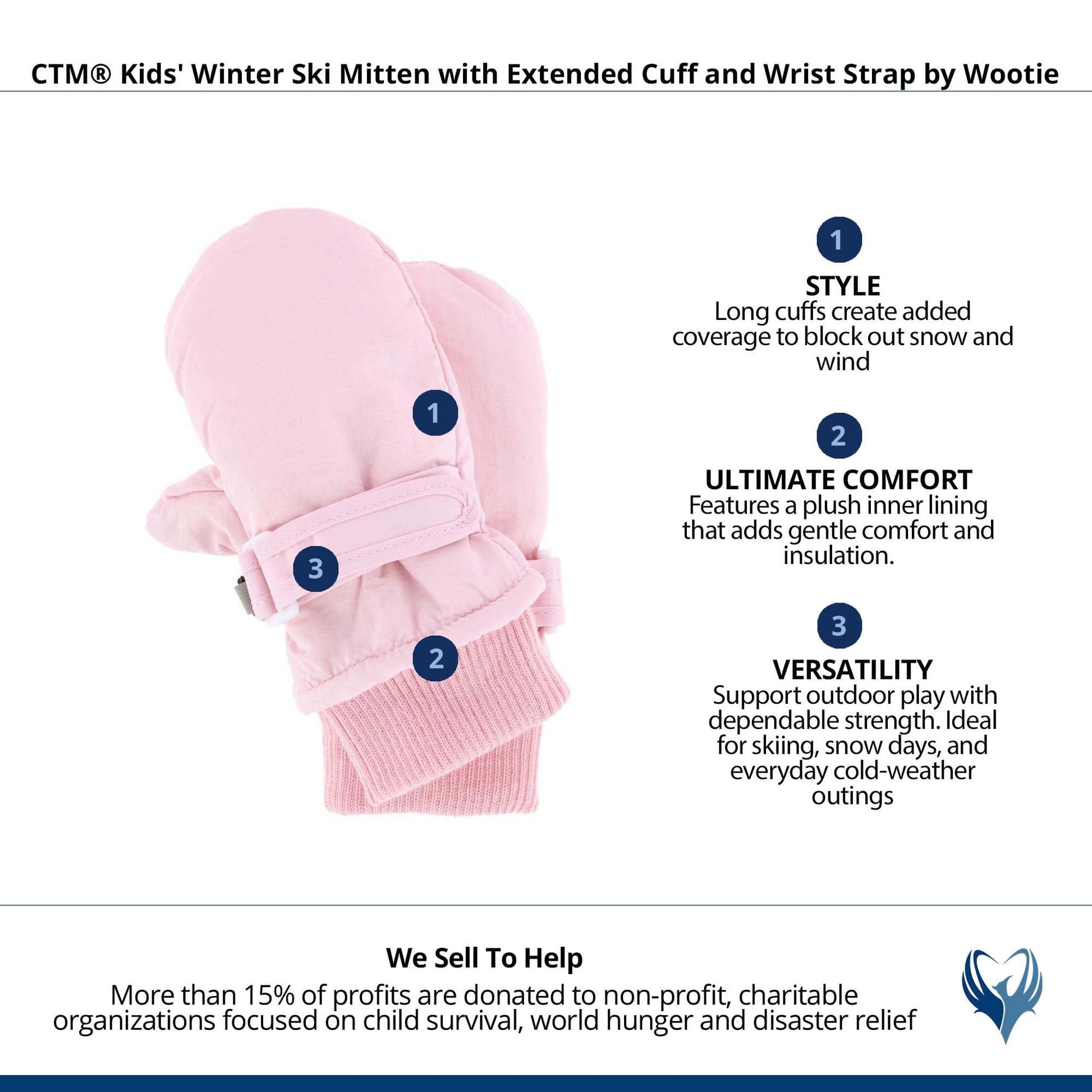 CTM® Kids' Winter Ski Mitten with Extended Cuff and Wrist Strap by Wootie - Pink