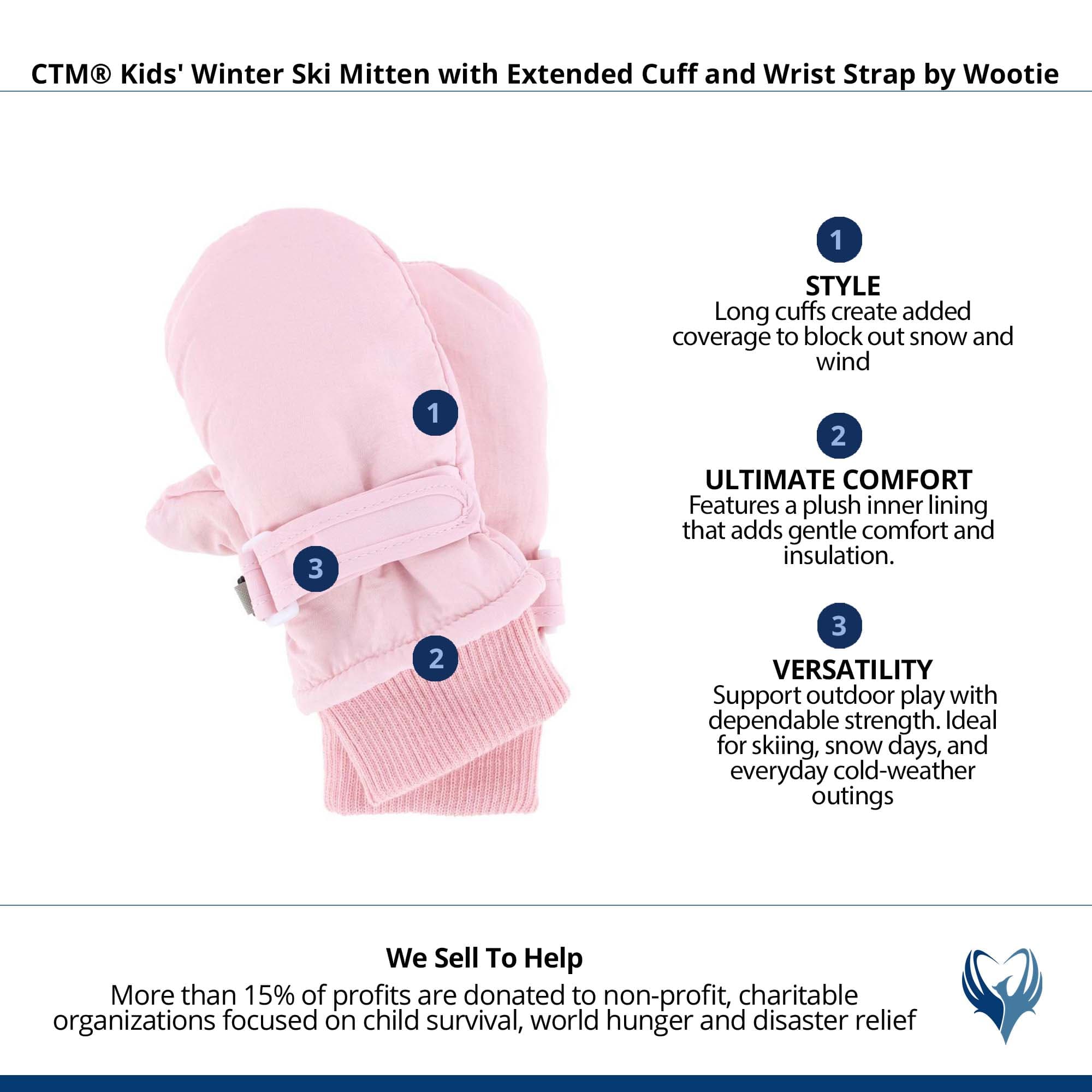 CTM® Kids' Winter Ski Mitten with Extended Cuff and Wrist Strap by Wootie - Pink