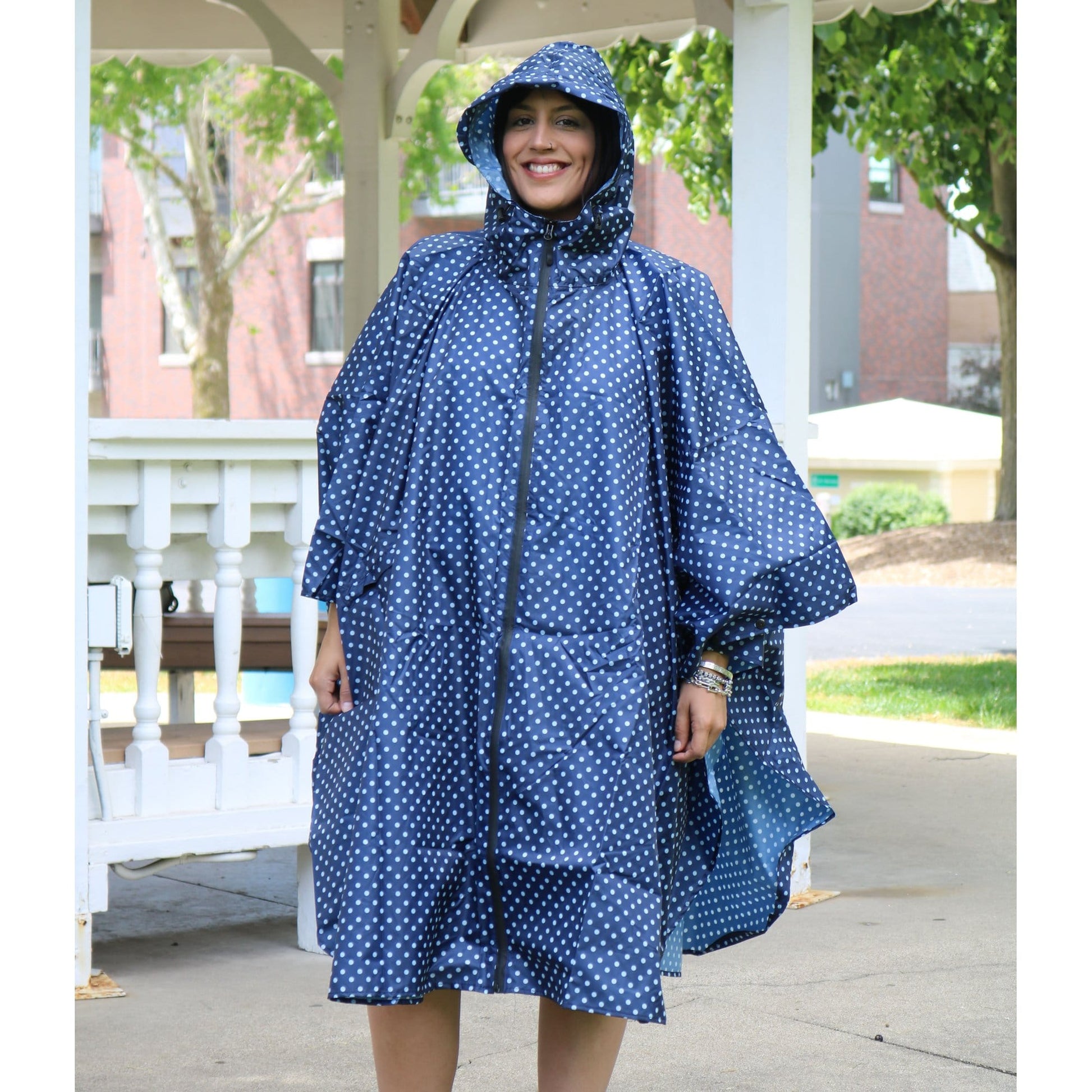 CTM® Women's One Size Fits Most Polka Dot Rain Poncho with Zipper Pouch - Navy