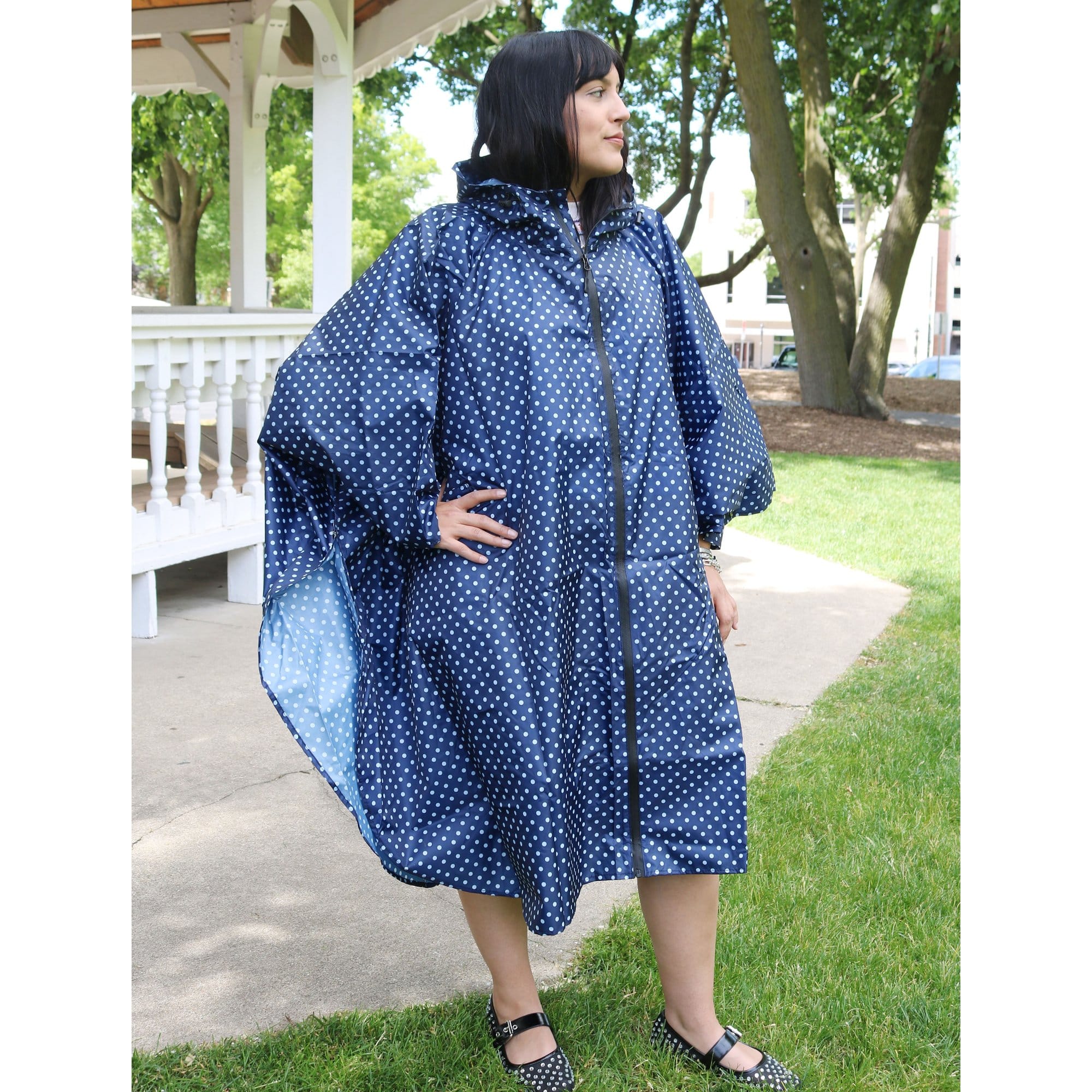 CTM® Women's One Size Fits Most Polka Dot Rain Poncho with Zipper Pouch - Navy
