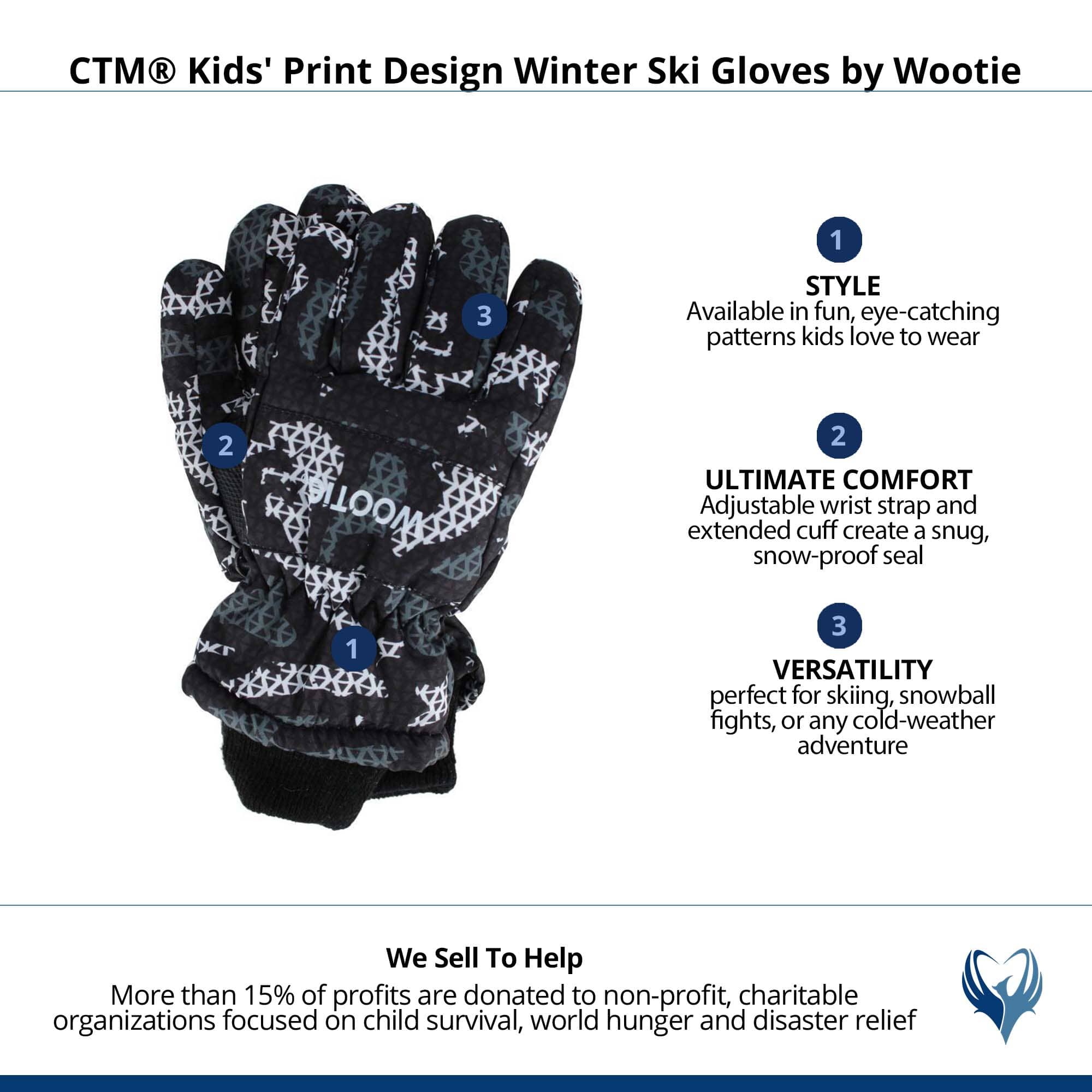 CTM® Kids' Print Design Winter Ski Gloves by Wootie - Black with Camo