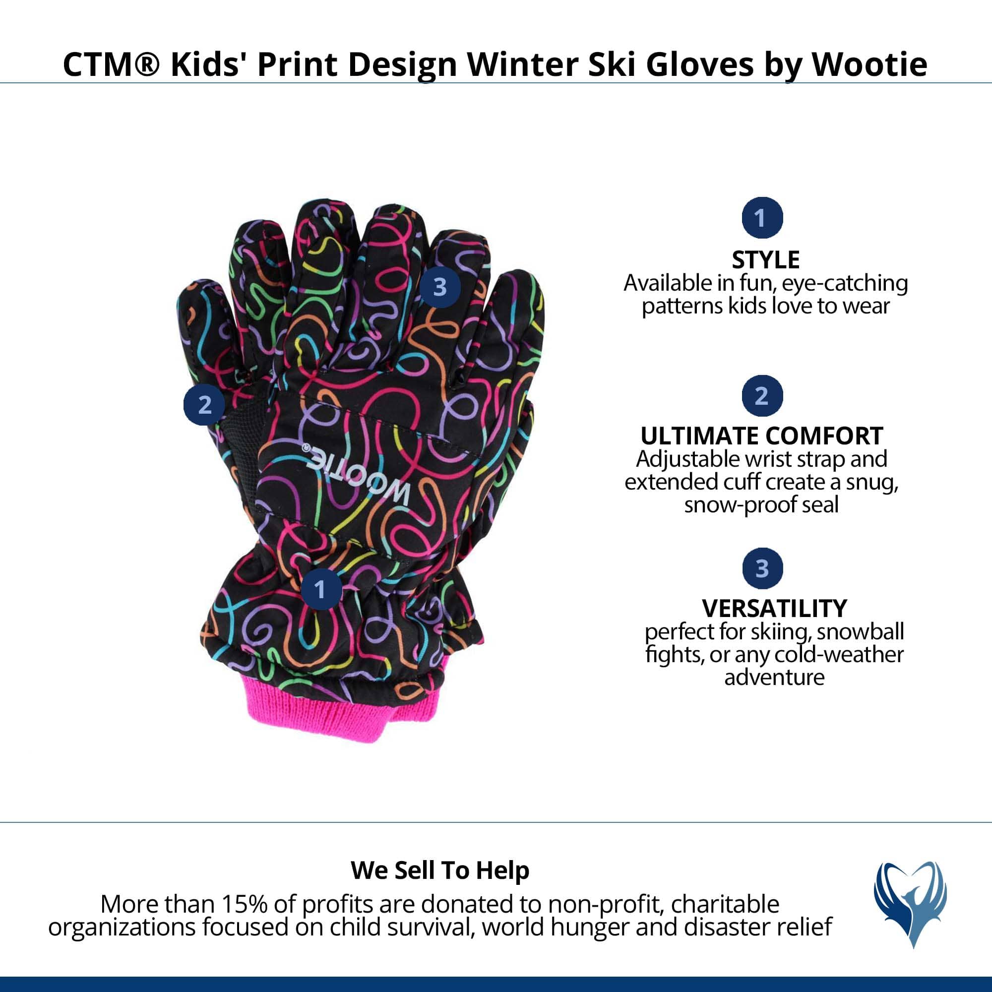 CTM® Kids' Print Design Winter Ski Gloves by Wootie - Multi Color