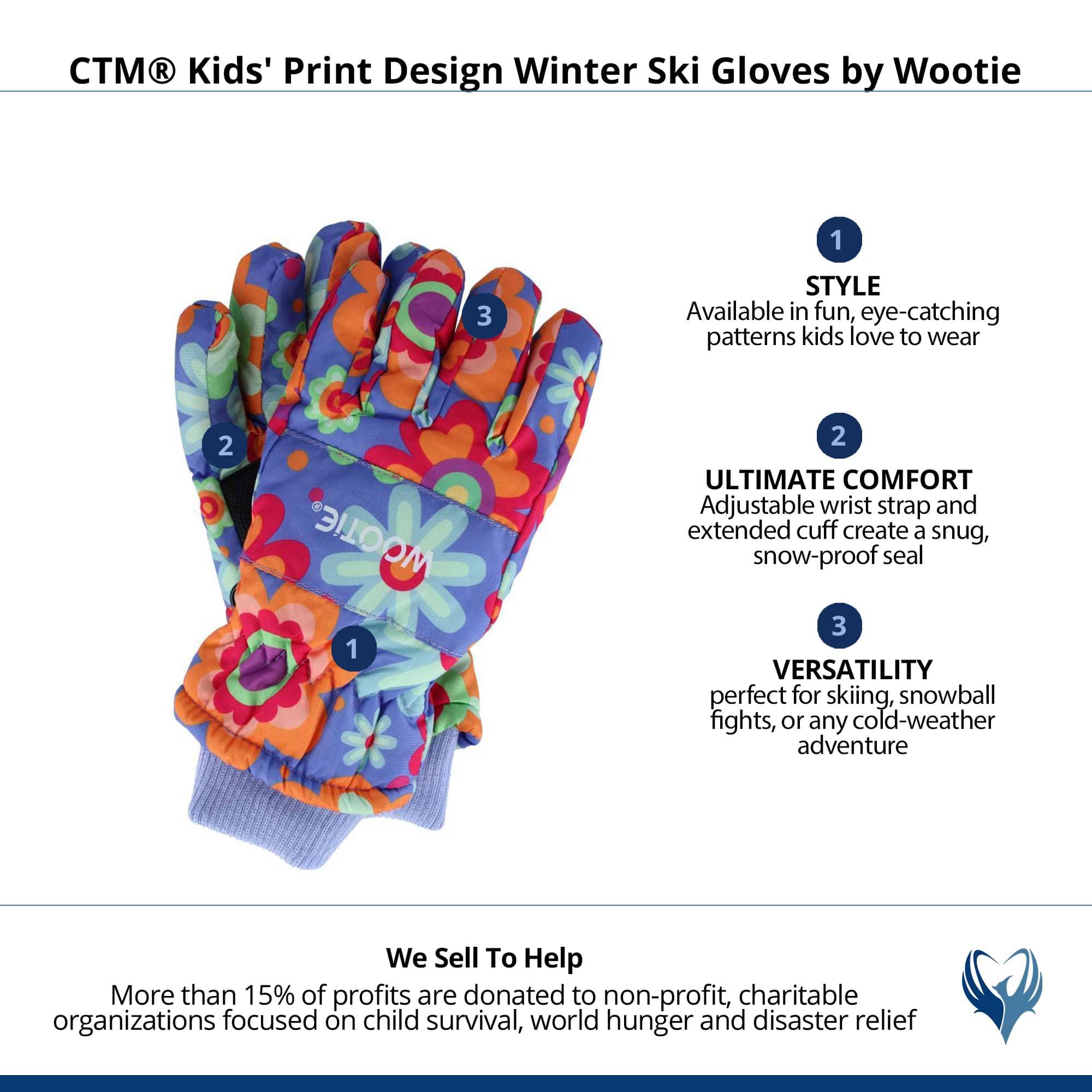 CTM® Kids' Print Design Winter Ski Gloves by Wootie - Pink Floral