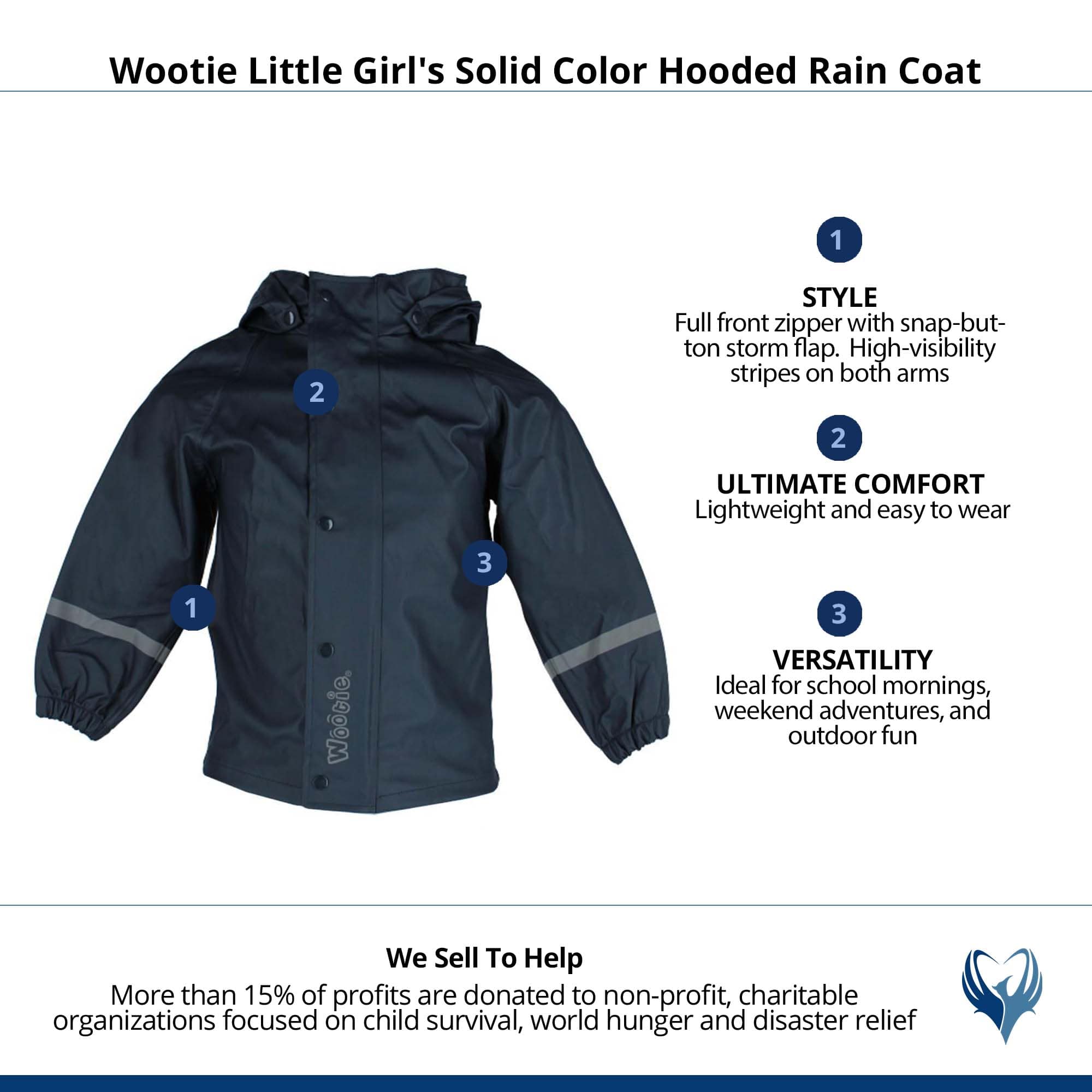 Wootie Little Girl's Solid Color Hooded Rain Coat by Wootie - Navy