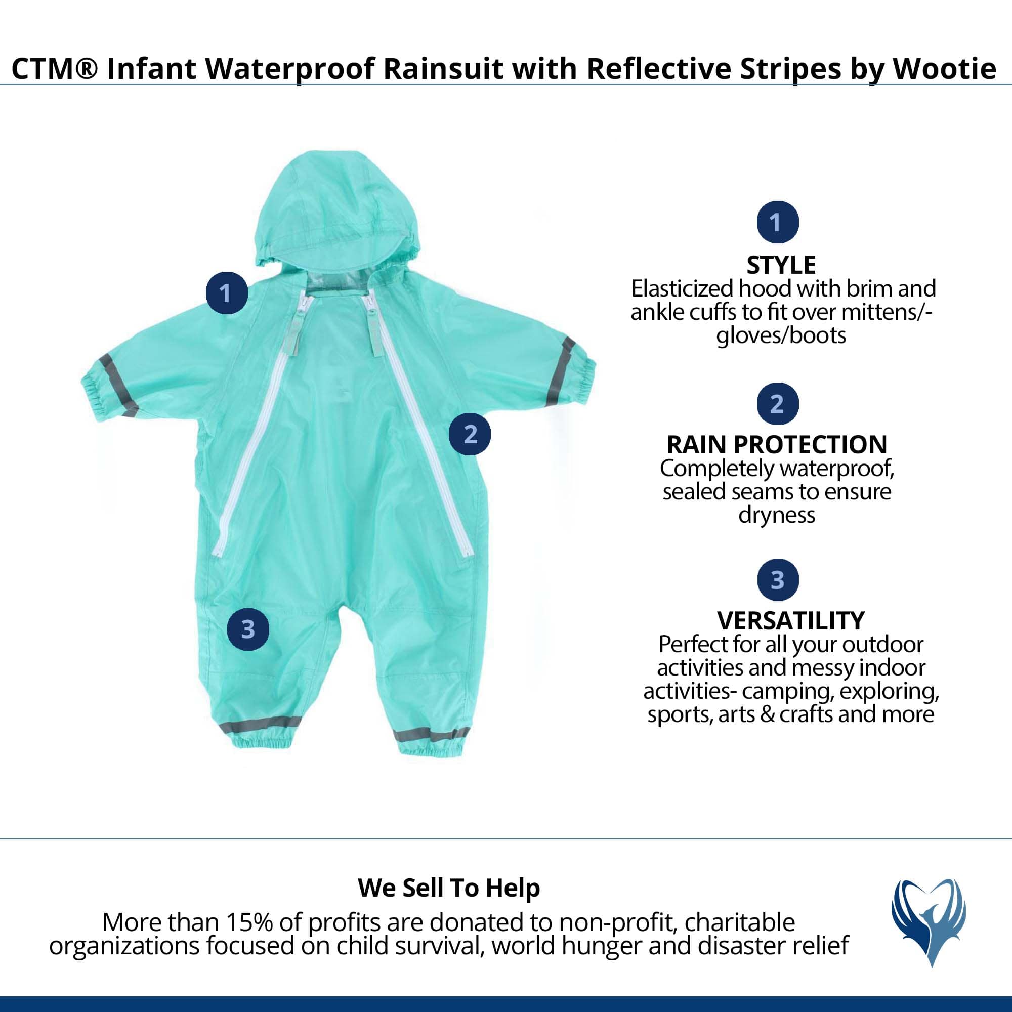 CTM® Infant Waterproof Rainsuit with Reflective Stripes by Wootie - Mint