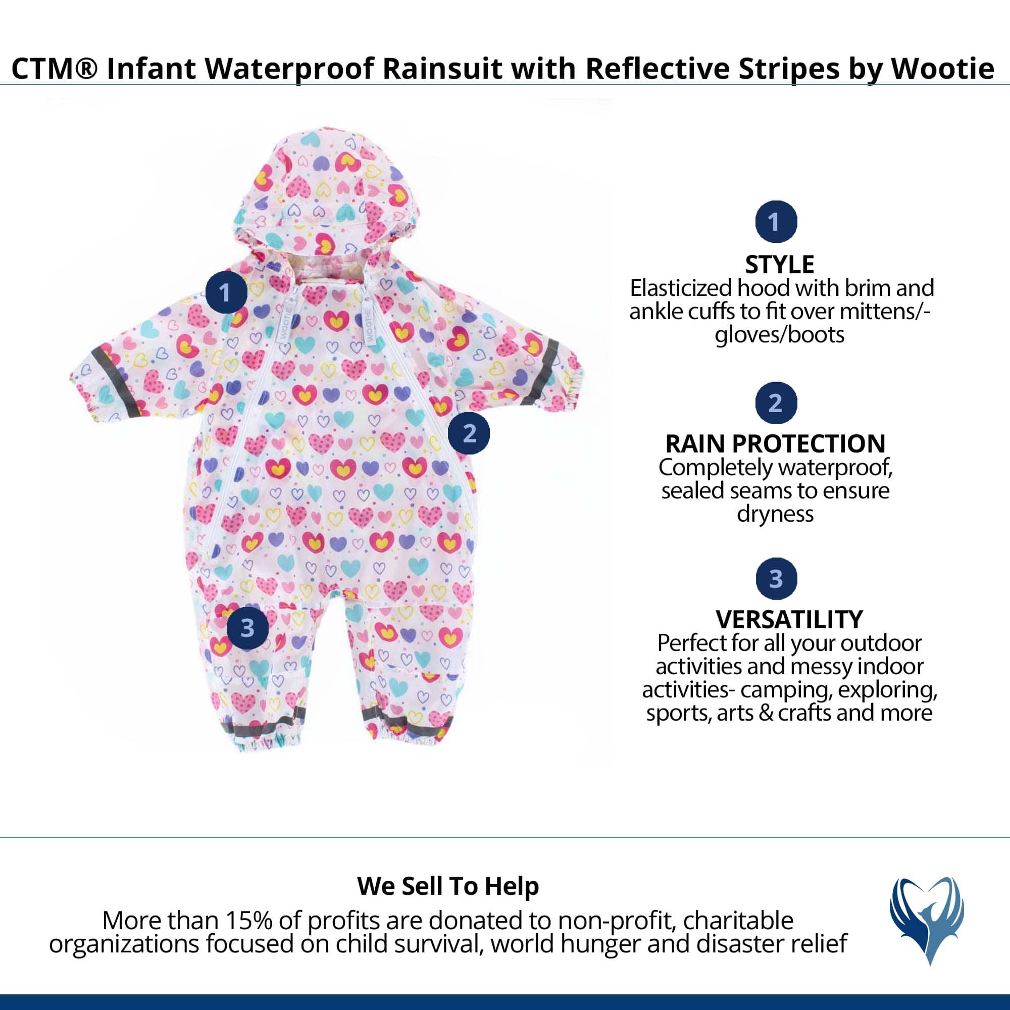 CTM® Infant Waterproof Rainsuit with Reflective Stripes by Wootie - Heart Print