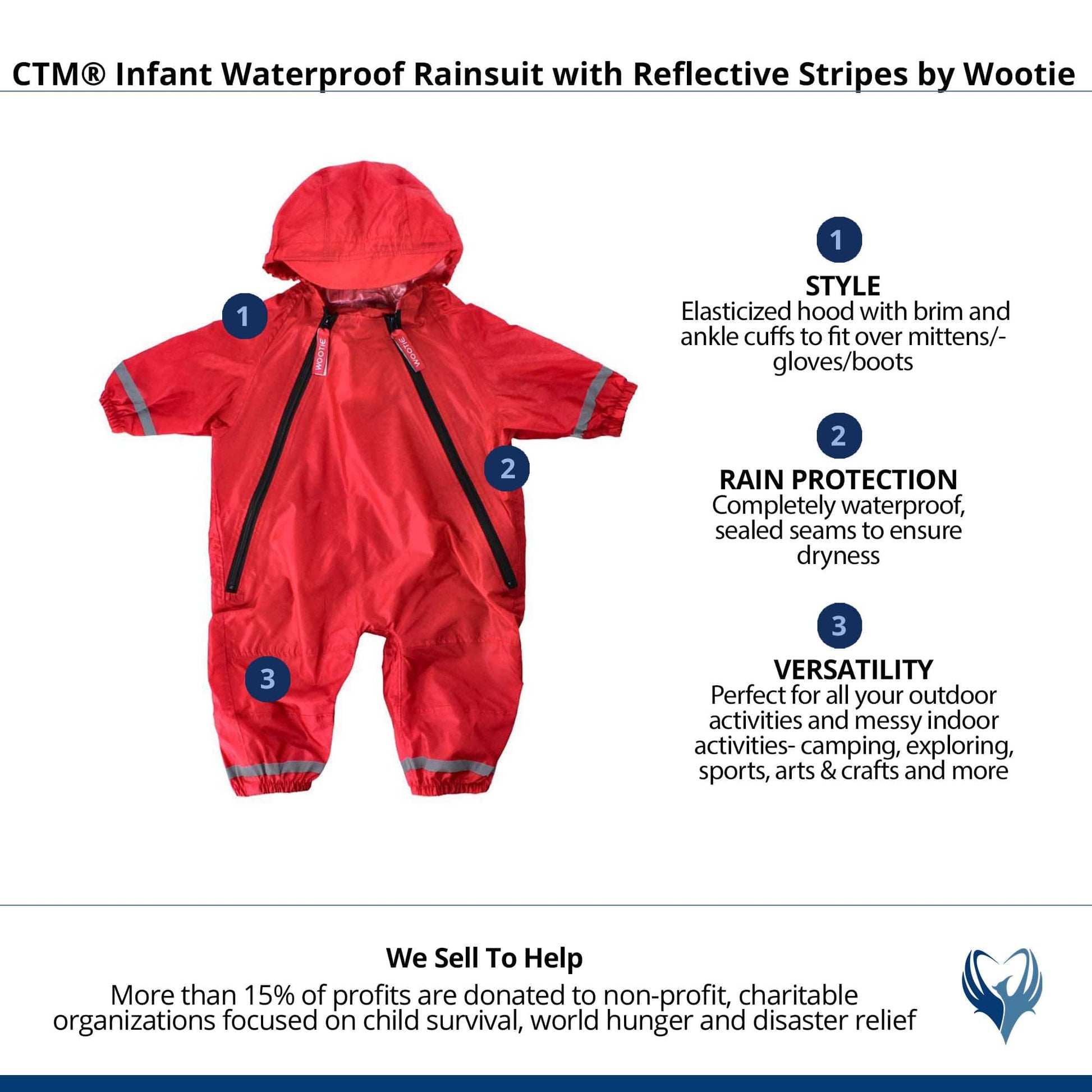 CTM® Infant Waterproof Rainsuit with Reflective Stripes by Wootie - Red