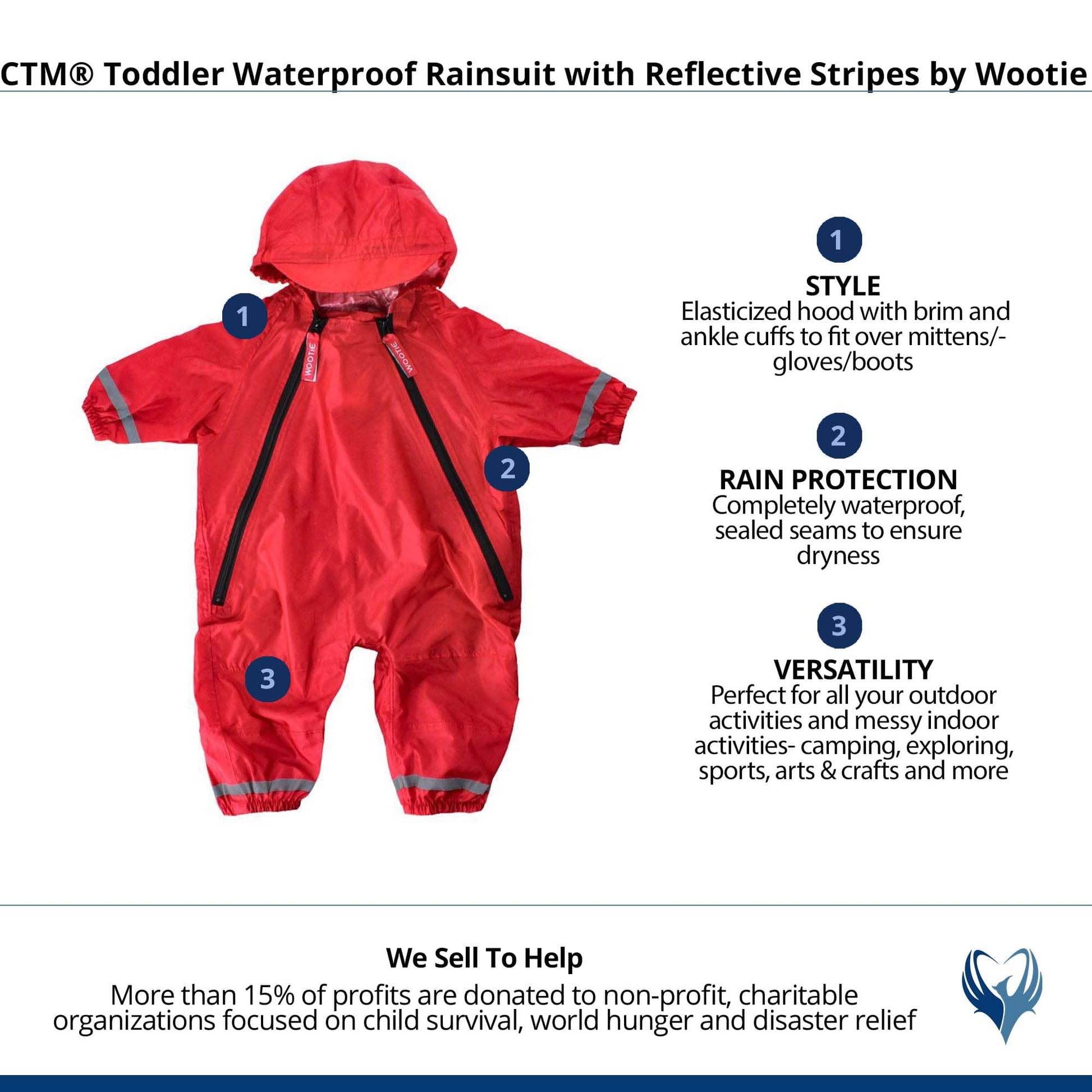 CTM® Toddler Waterproof Rainsuit with Reflective Stripes by Wootie - Red