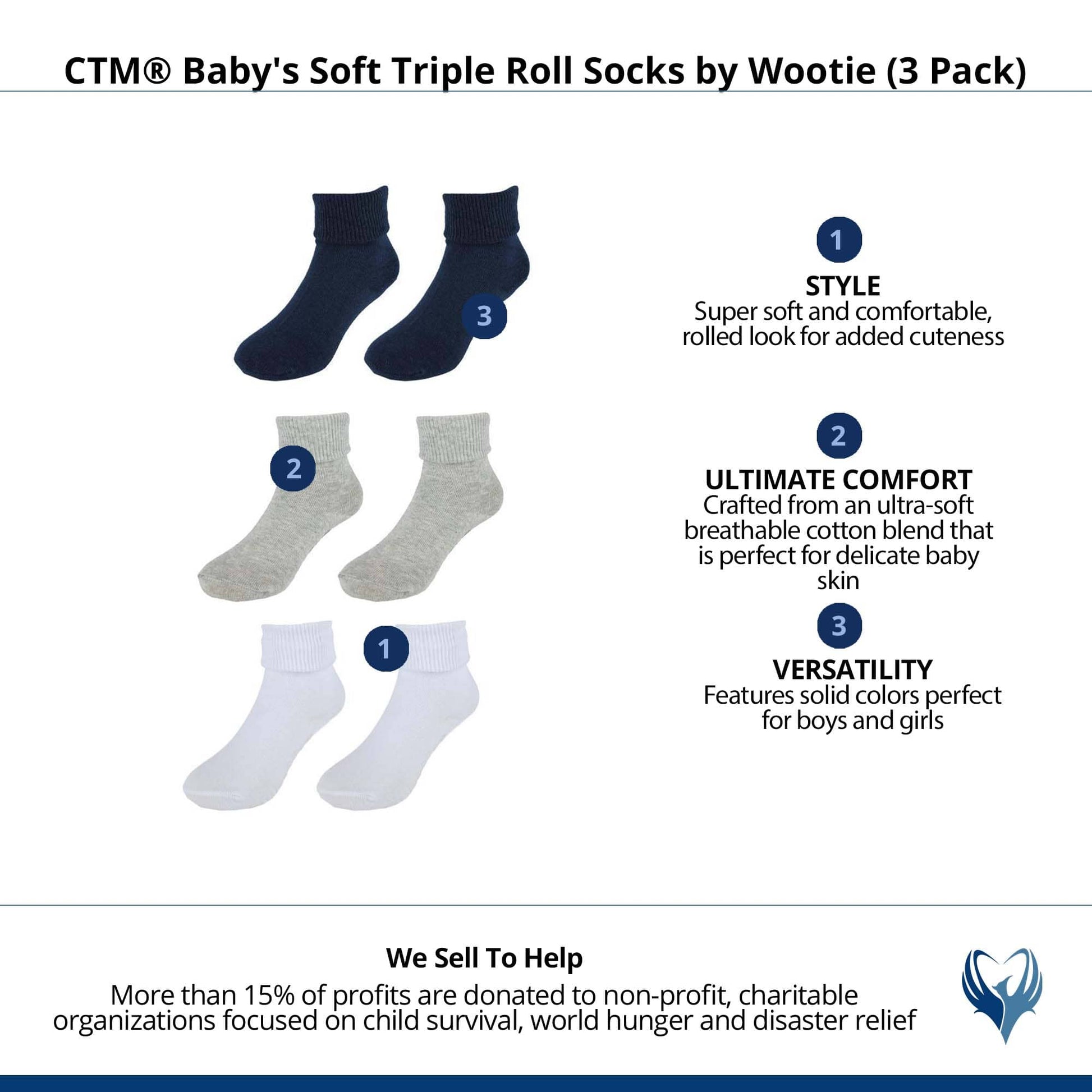CTM® Baby's Soft Triple Roll Socks by Wootie (3 Pack) - Navy, Grey, and White