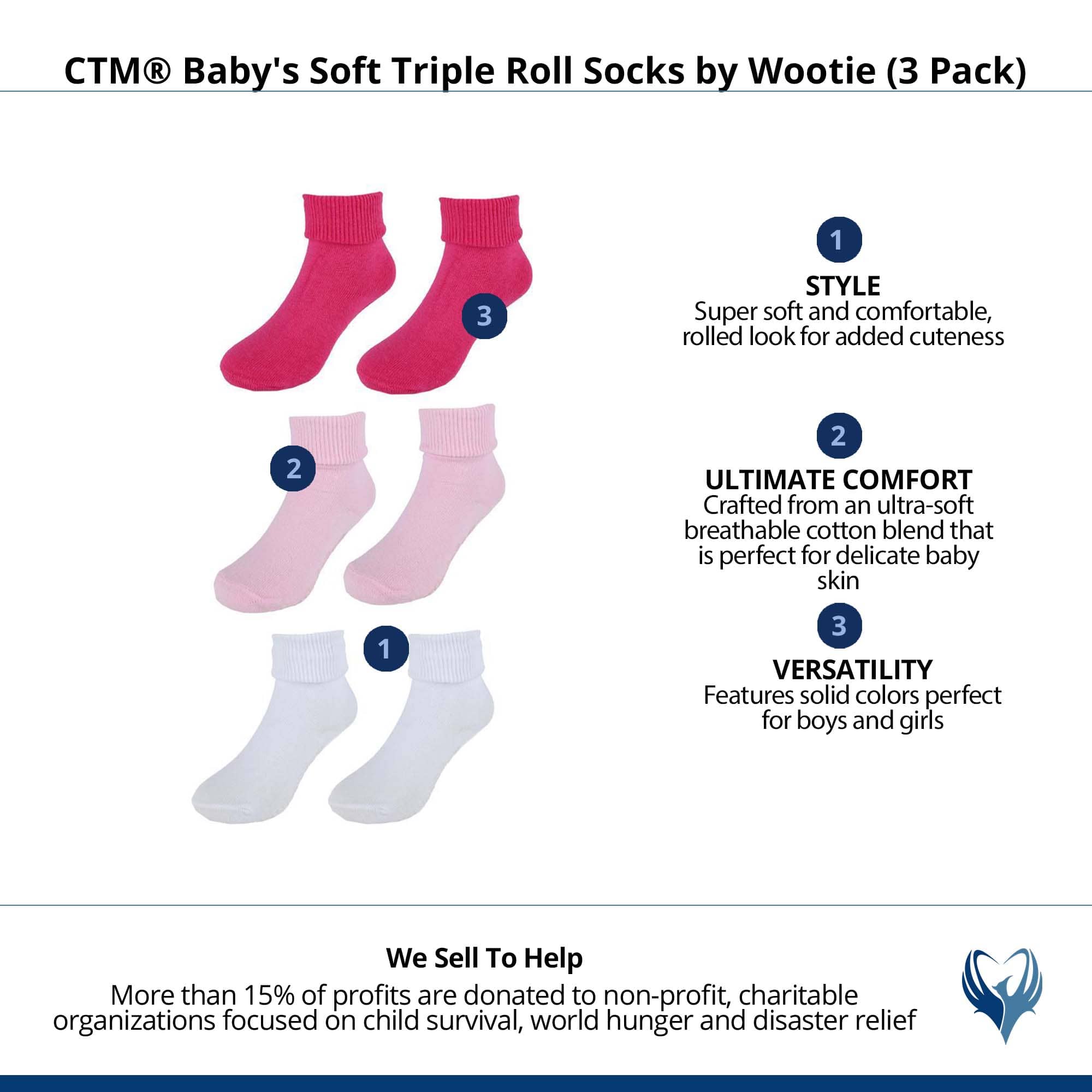 CTM® Baby's Soft Triple Roll Socks by Wootie (3 Pack) - Pink, Fucshia, Pink