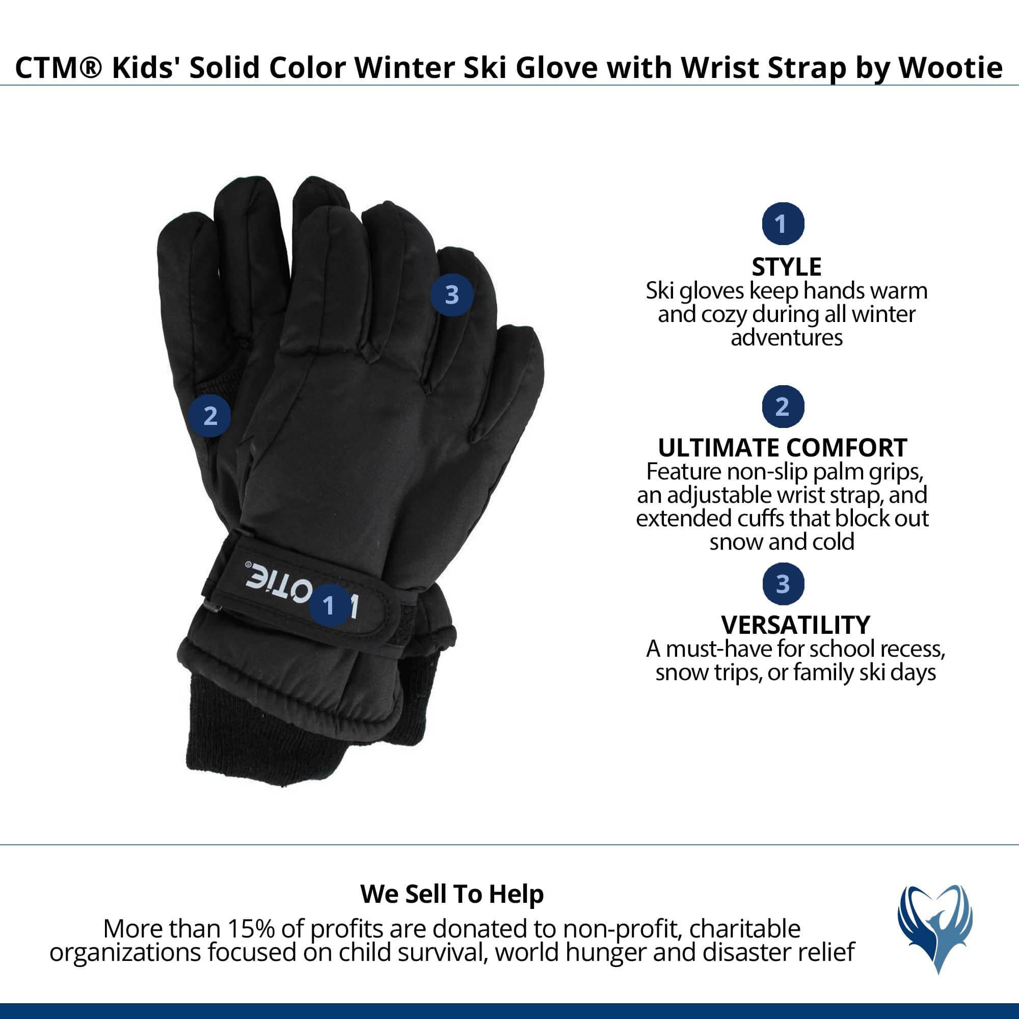 CTM® Kids' Solid Color Winter Ski Glove with Wrist Strap by Wootie - Black