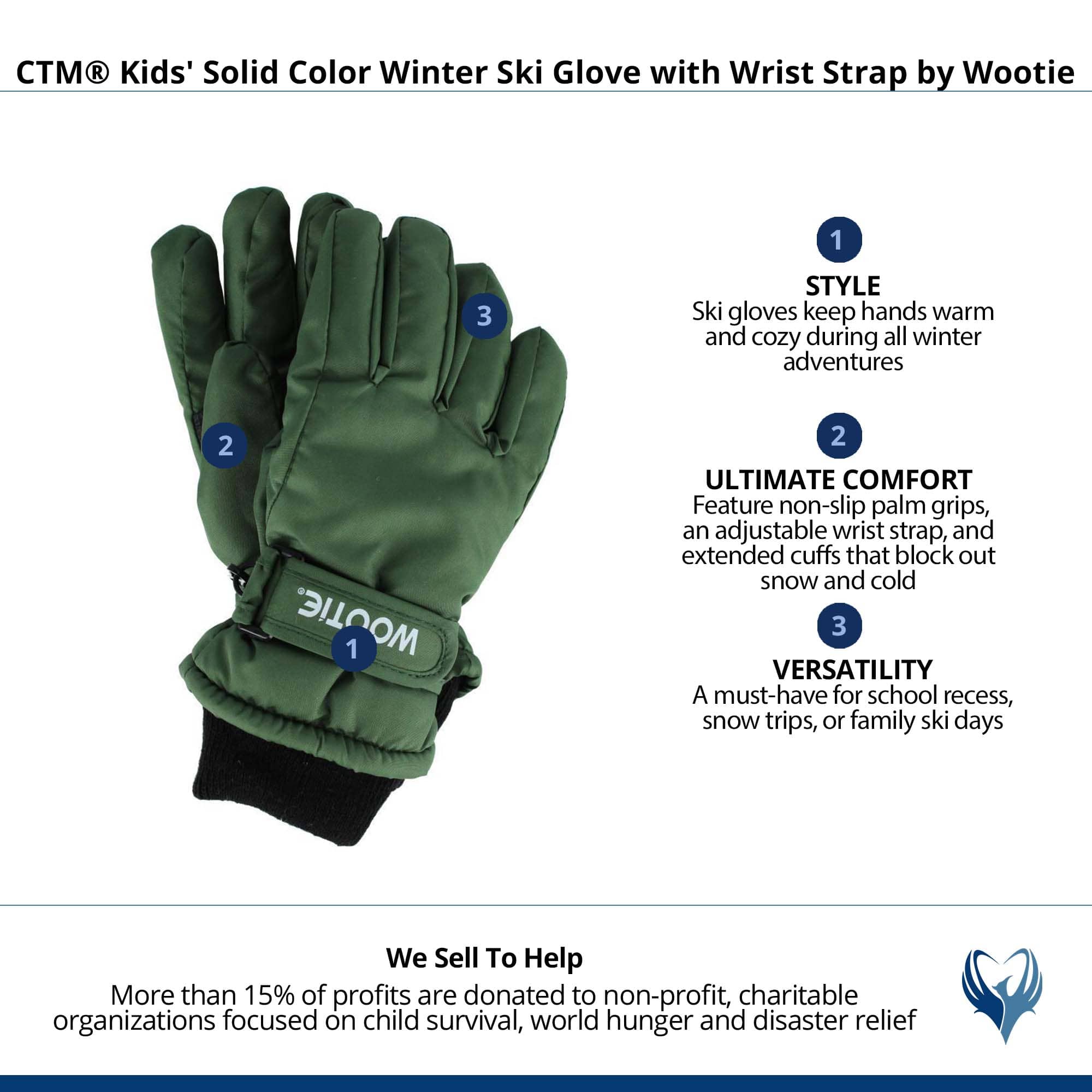 CTM® Kids' Solid Color Winter Ski Glove with Wrist Strap by Wootie - Green