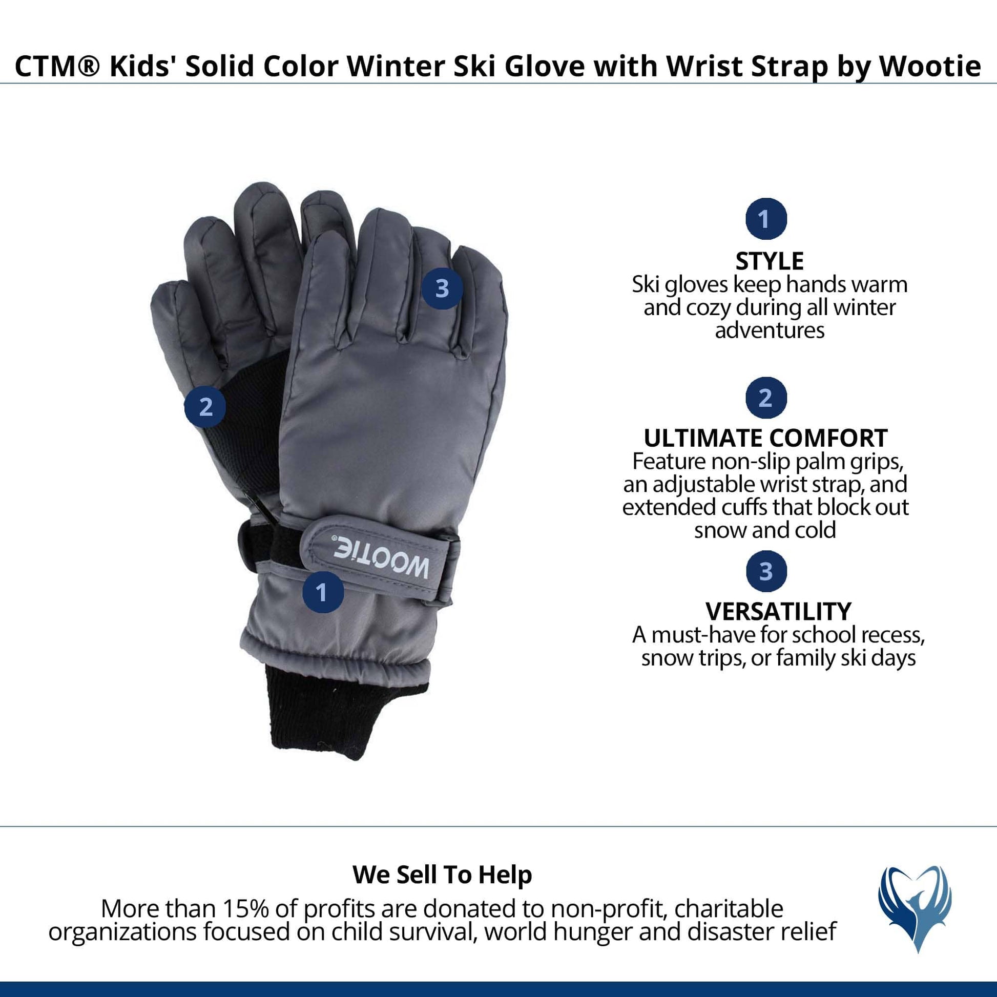 CTM® Kids' Solid Color Winter Ski Glove with Wrist Strap by Wootie - Gray