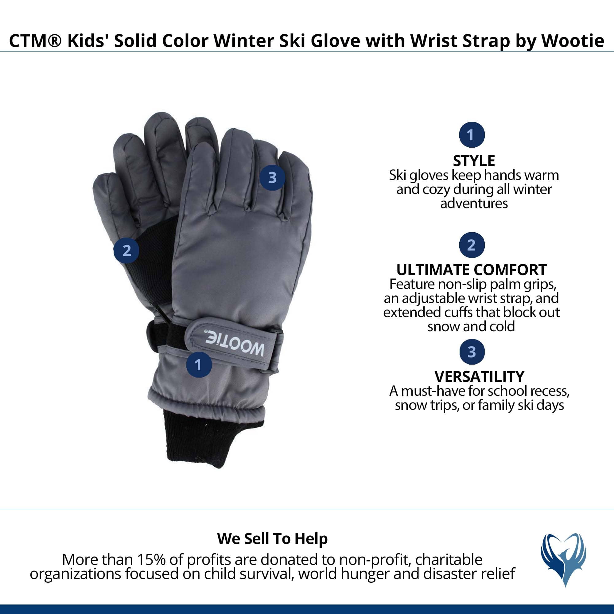 CTM® Kids' Solid Color Winter Ski Glove with Wrist Strap by Wootie - Gray
