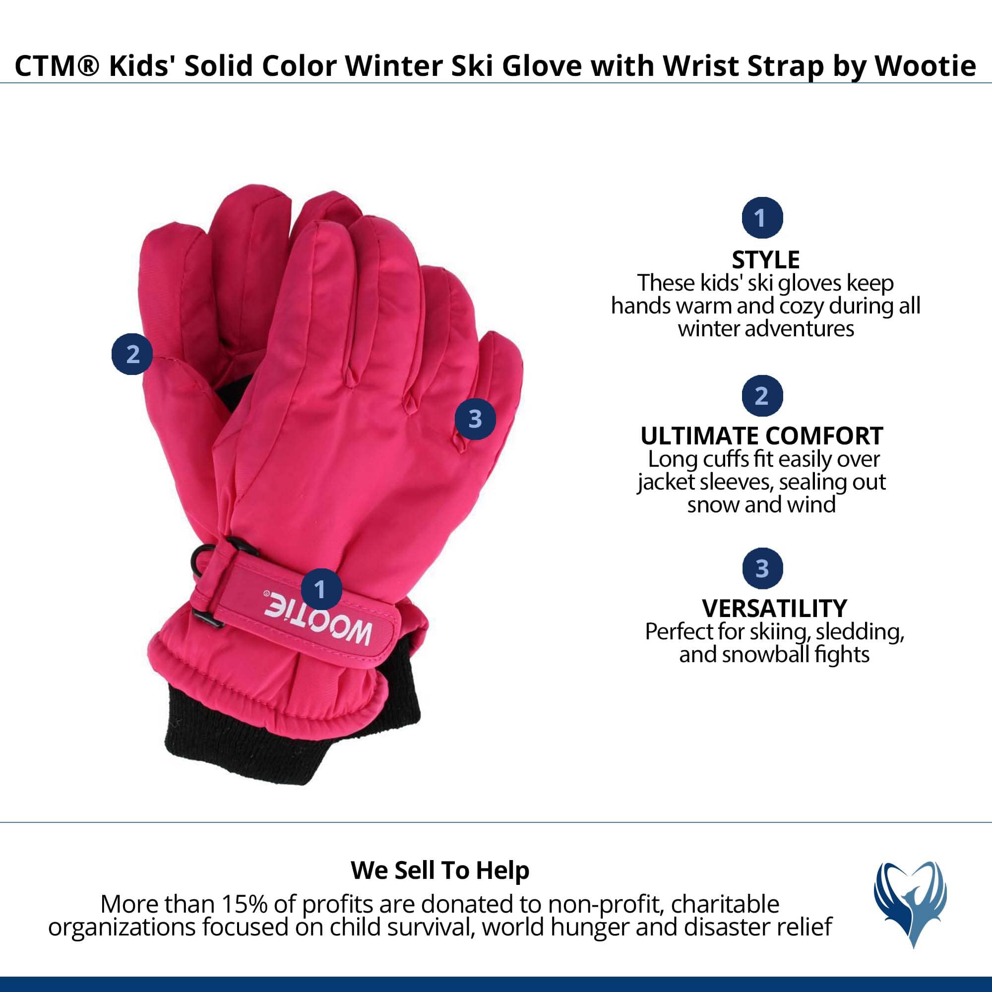 CTM® Kids' Solid Color Winter Ski Glove with Wrist Strap by Wootie - Pink