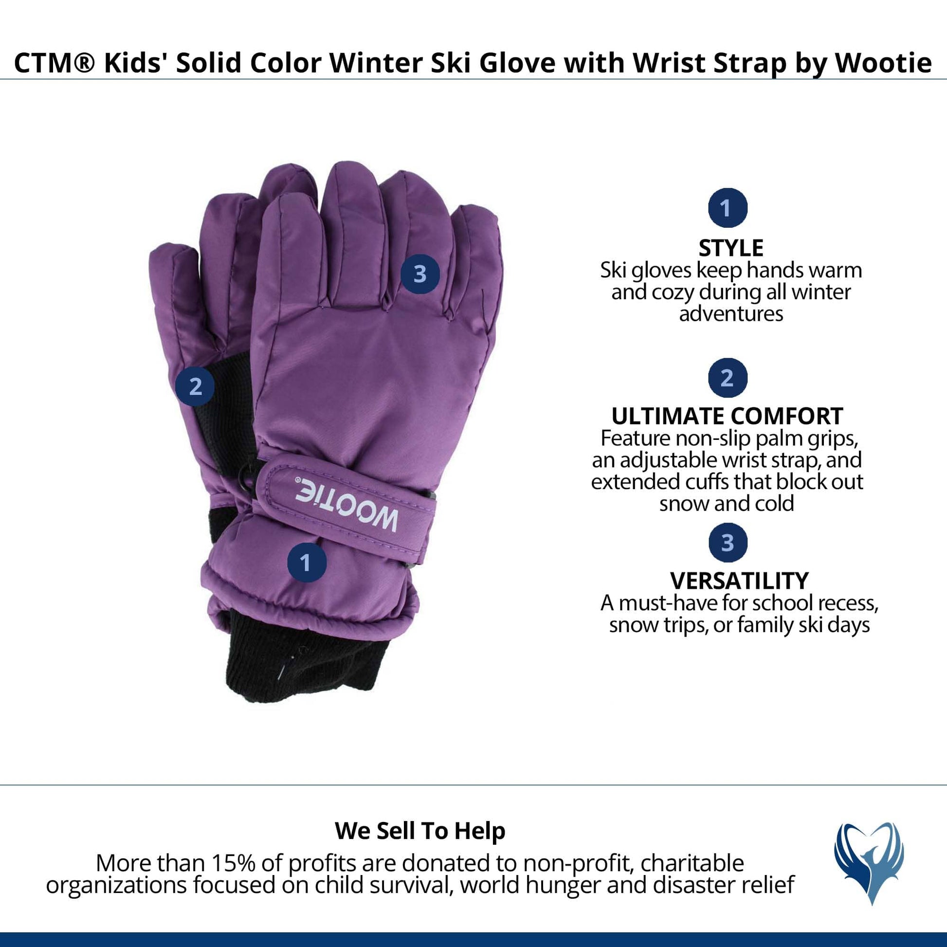 CTM® Kids' Solid Color Winter Ski Glove with Wrist Strap by Wootie - Purple