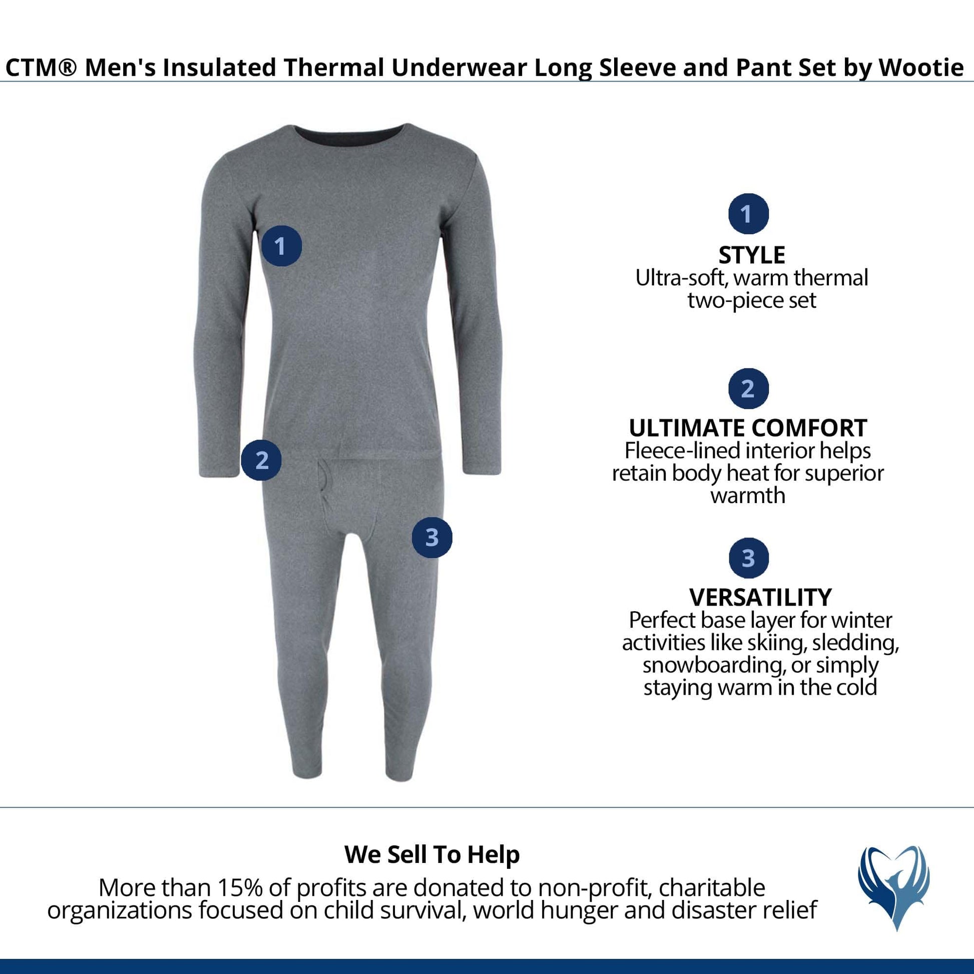 CTM® Men's Insulated Thermal Underwear Long Sleeve and Pant Set by Wootie - Dark Grey