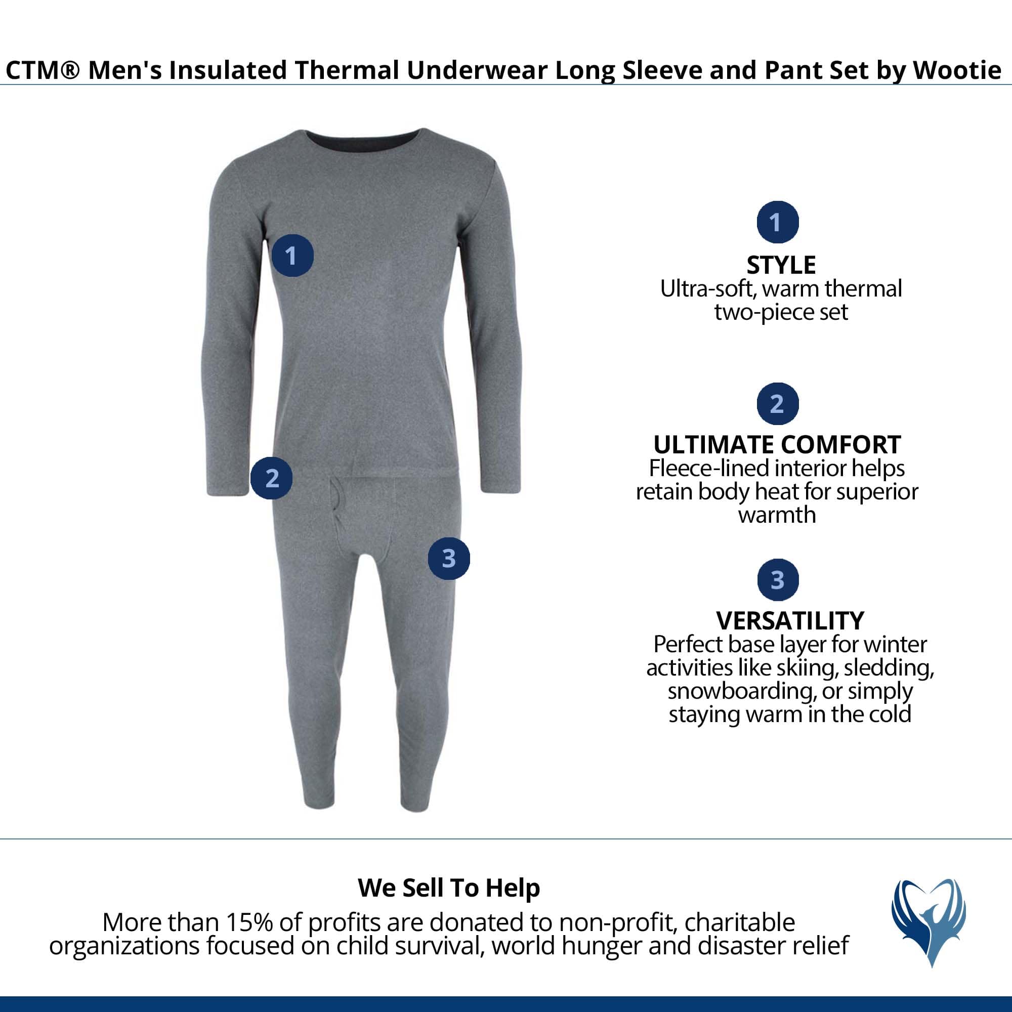 CTM® Men's Insulated Thermal Underwear Long Sleeve and Pant Set by Wootie - Dark Grey