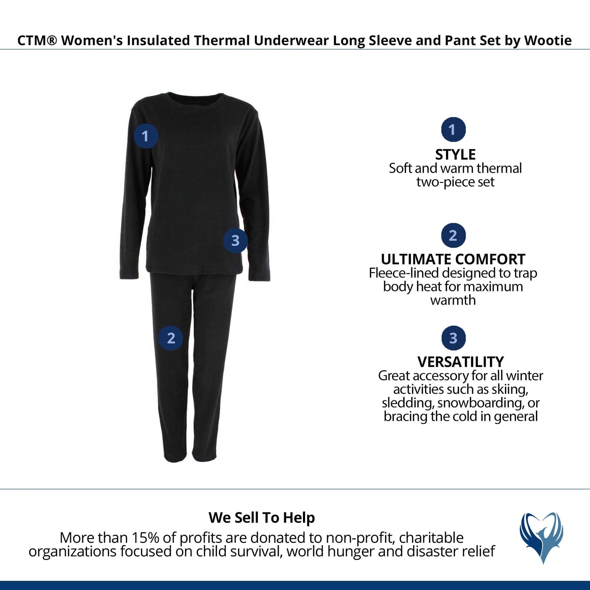 CTM® Women's Insulated Thermal Underwear Long Sleeve and Pant Set by Wootie - Black