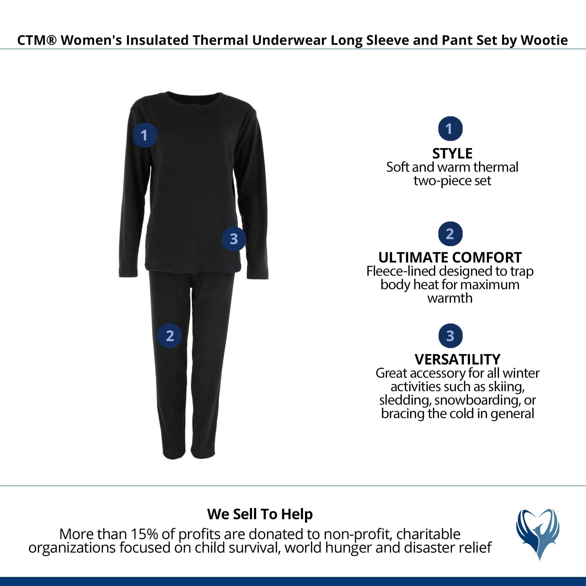 CTM® Women's Insulated Thermal Underwear Long Sleeve and Pant Set by Wootie - Black