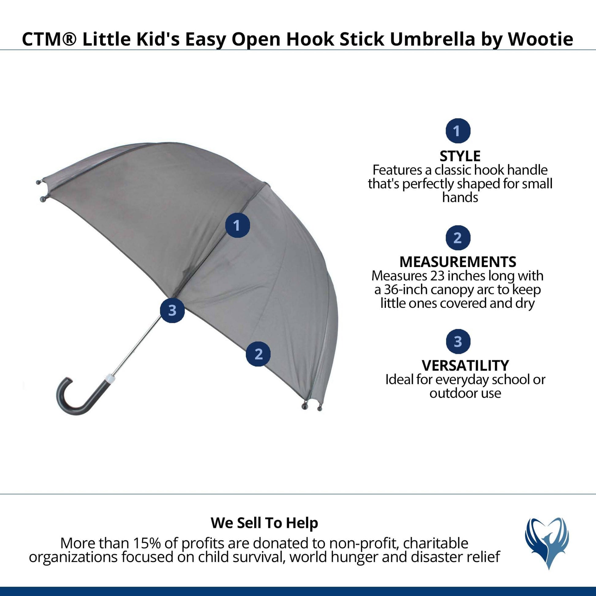 CTM® Little Kid's Easy Open Hook Stick Umbrella by Wootie - Gray