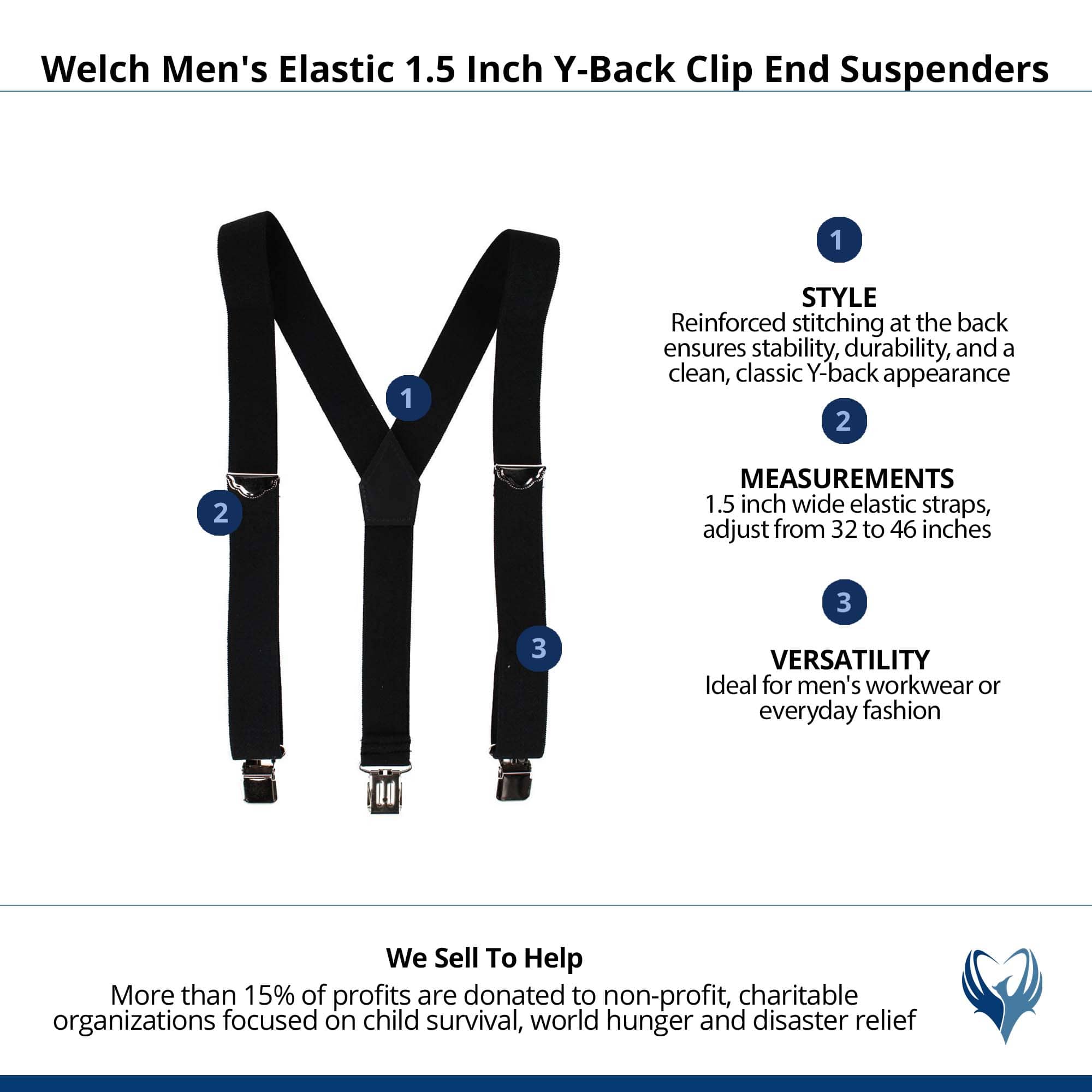 Welch Men's Elastic 1.5 Inch Y-Back Clip End Suspenders - Black