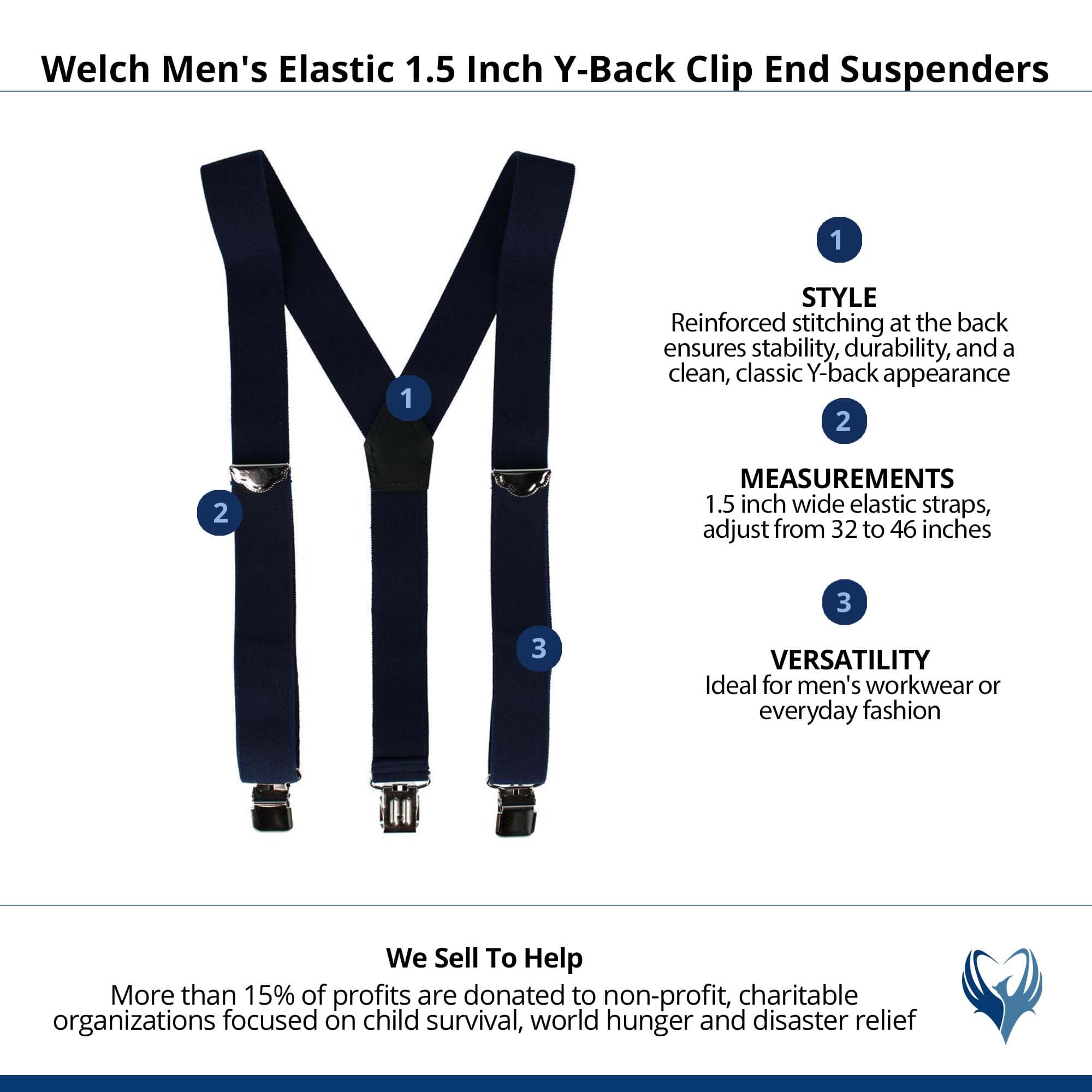 Welch Men's Elastic 1.5 Inch Y-Back Clip End Suspenders - Navy