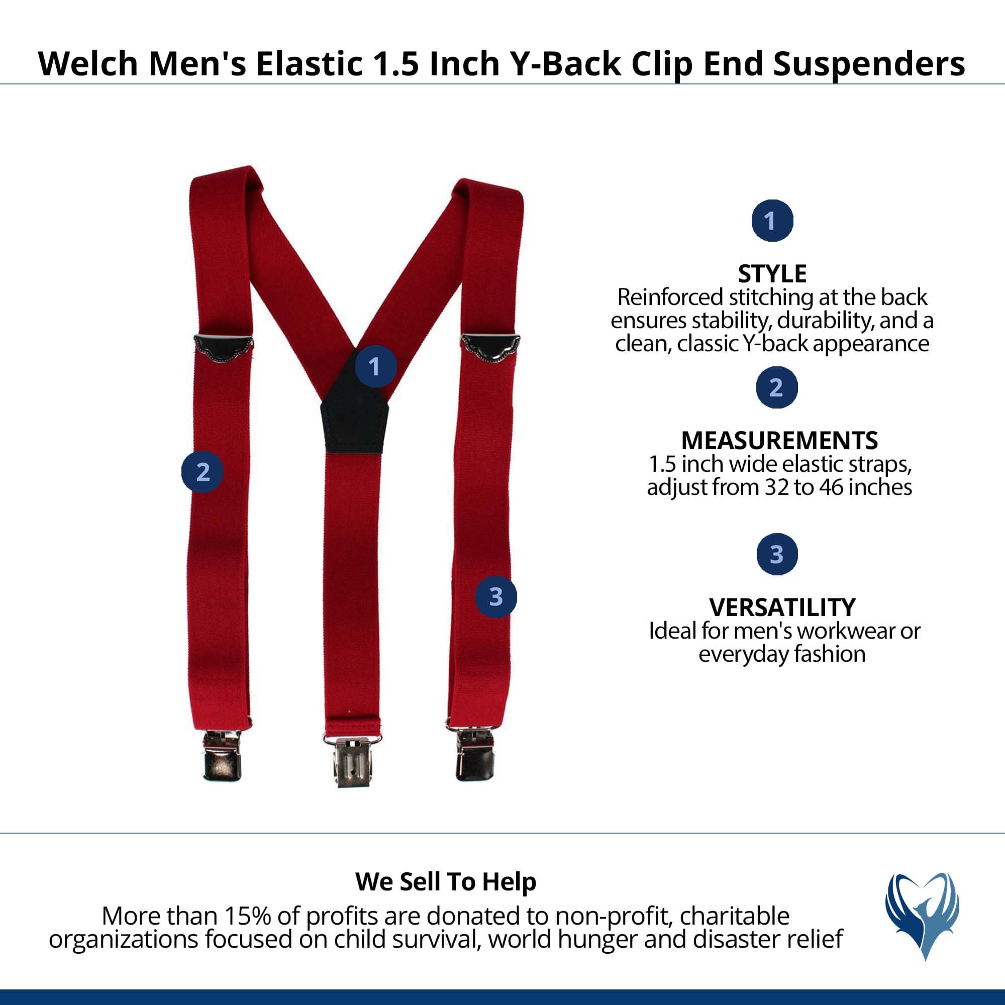 Welch Men's Elastic 1.5 Inch Y-Back Clip End Suspenders - Red