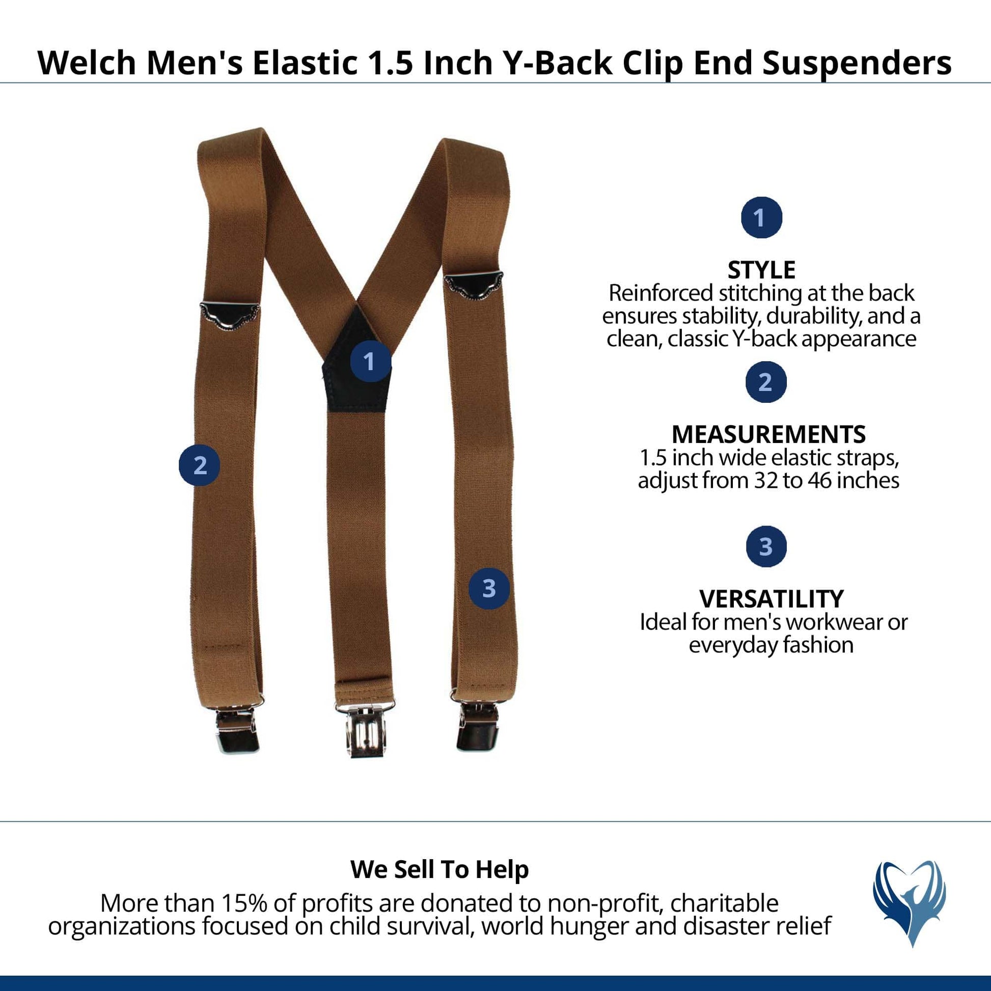 Welch Men's Elastic 1.5 Inch Y-Back Clip End Suspenders - Tan
