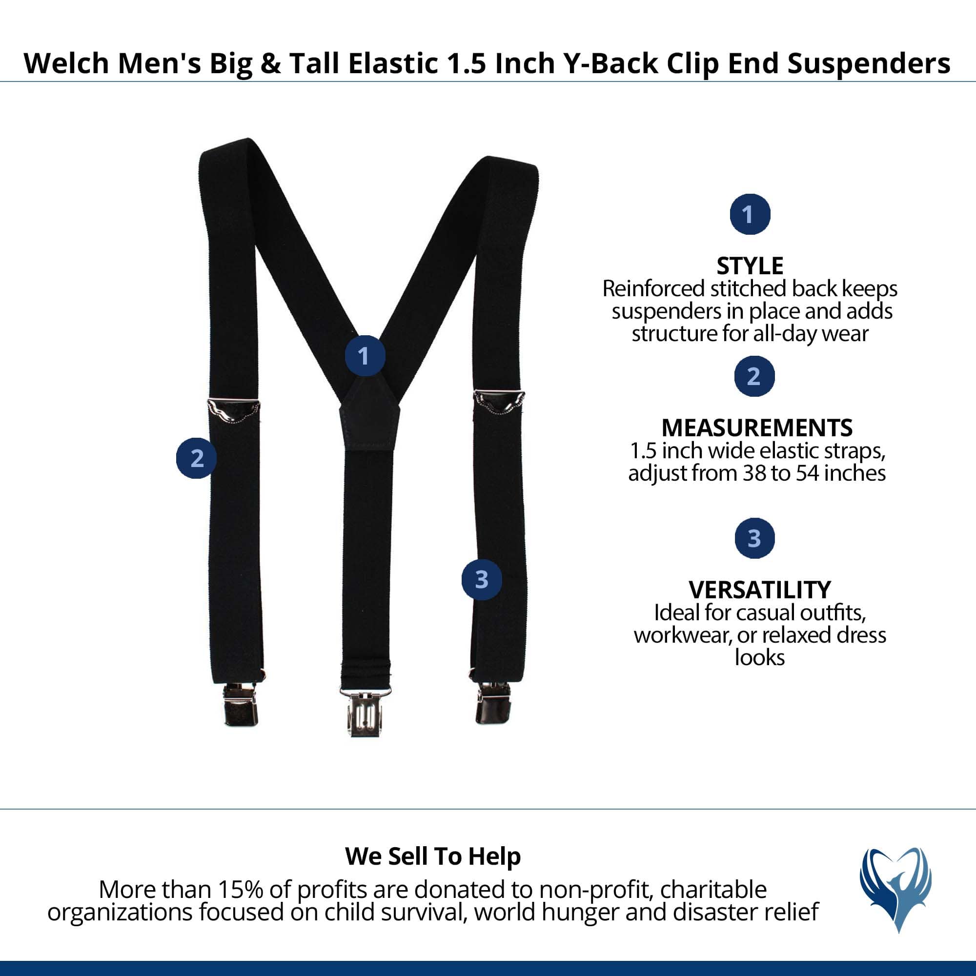 Welch Men's Big & Tall Elastic 1.5 Inch Y-Back Clip End Suspenders - Black