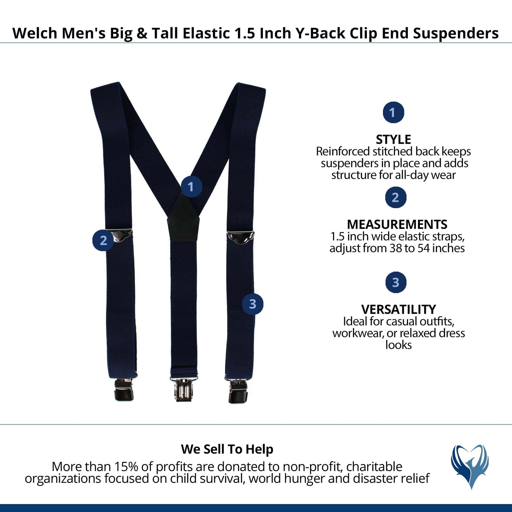 Welch Men's Big & Tall Elastic 1.5 Inch Y-Back Clip End Suspenders - Navy