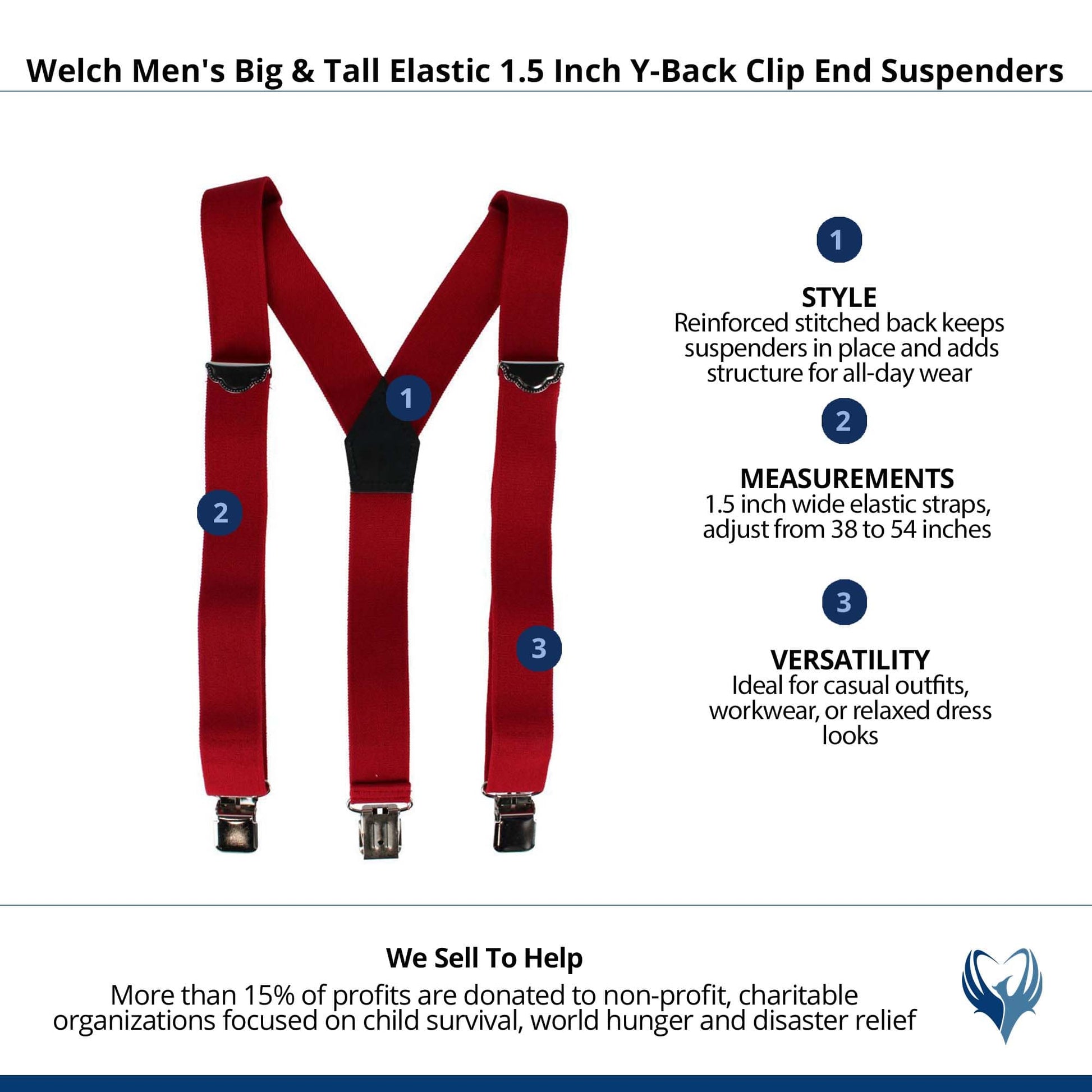 Welch Men's Big & Tall Elastic 1.5 Inch Y-Back Clip End Suspenders - Red