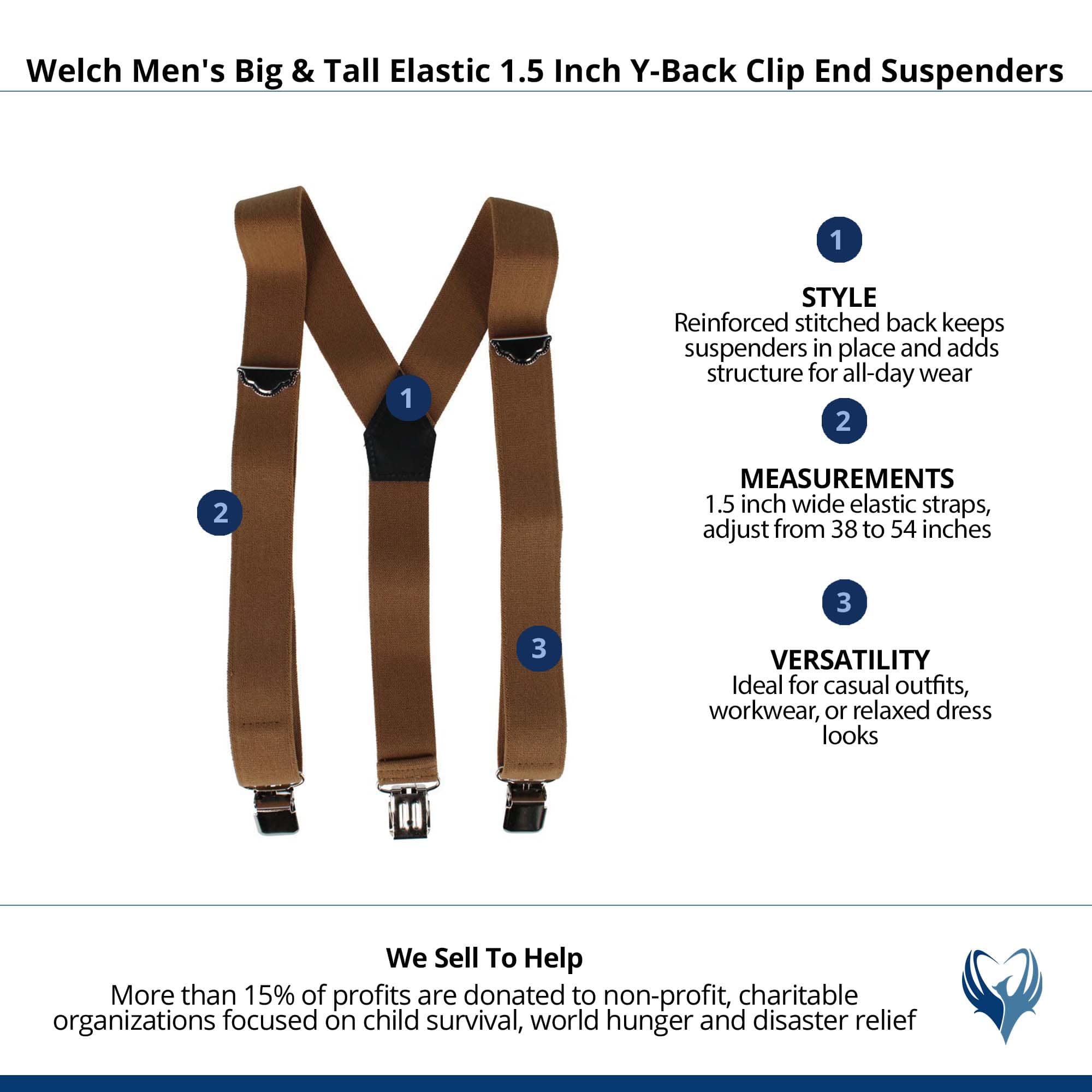 Welch Men's Big & Tall Elastic 1.5 Inch Y-Back Clip End Suspenders - Tan