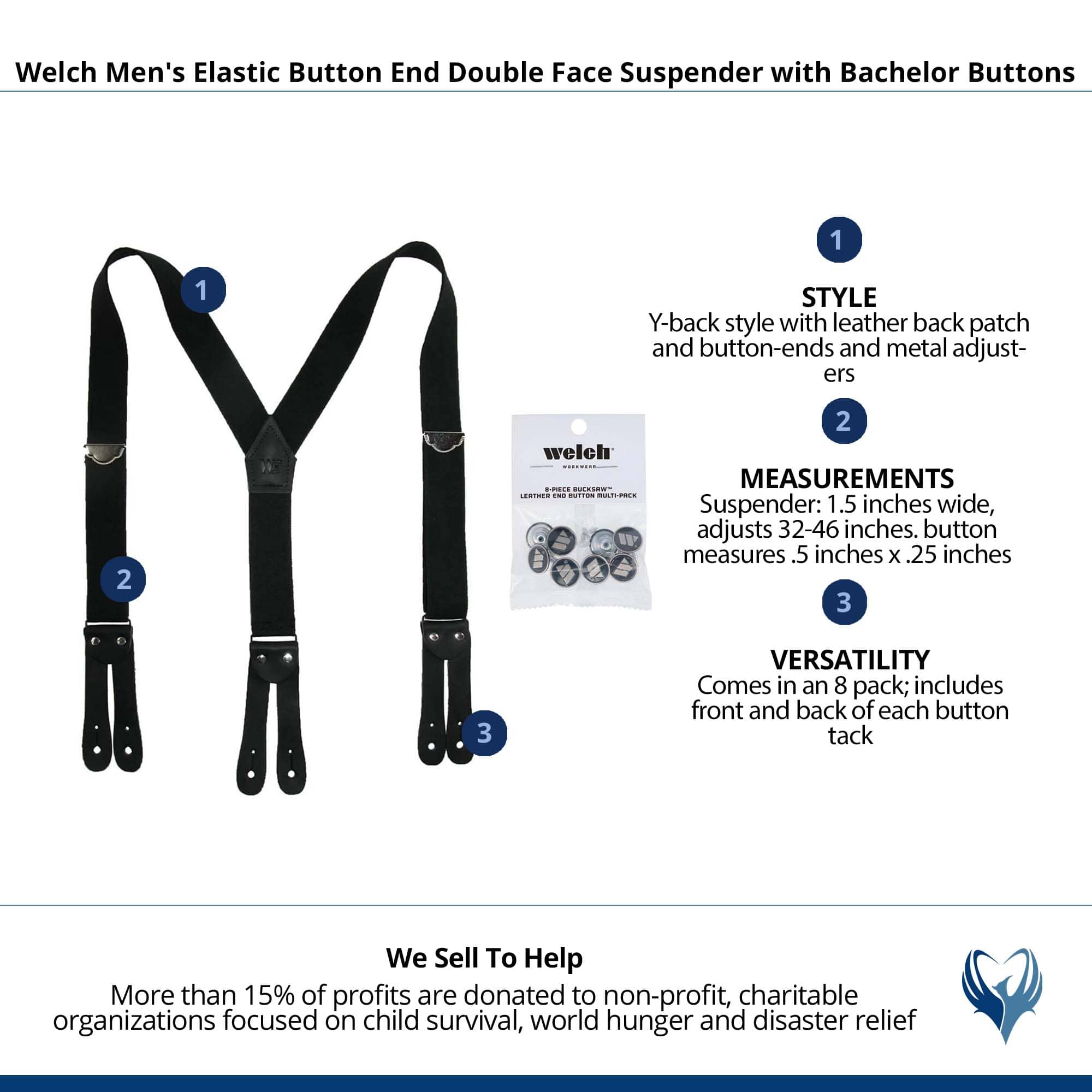 Welch Men's Elastic Button End Double Face Suspender with Bachelor Buttons - Black