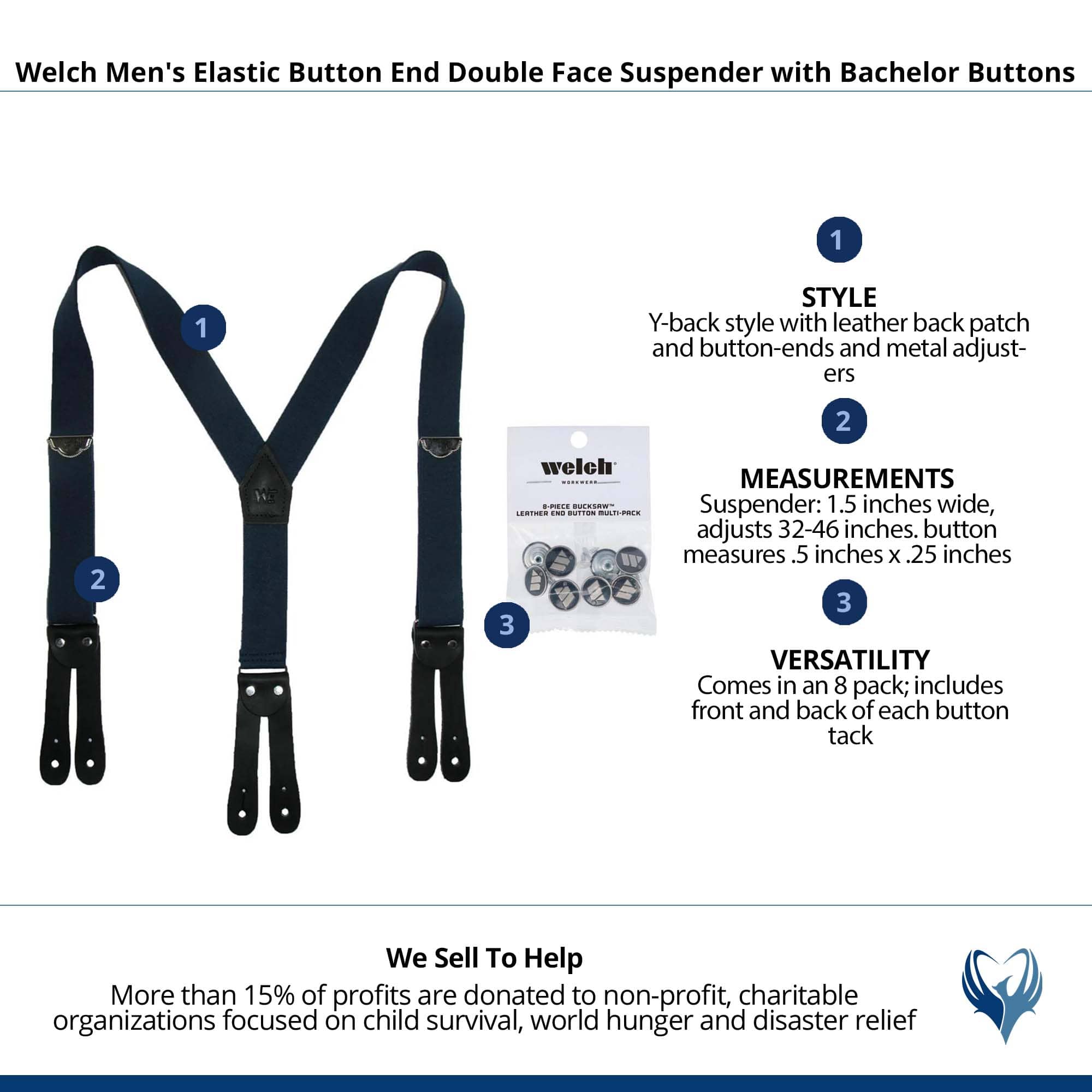 Welch Men's Elastic Button End Double Face Suspender with Bachelor Buttons - Navy