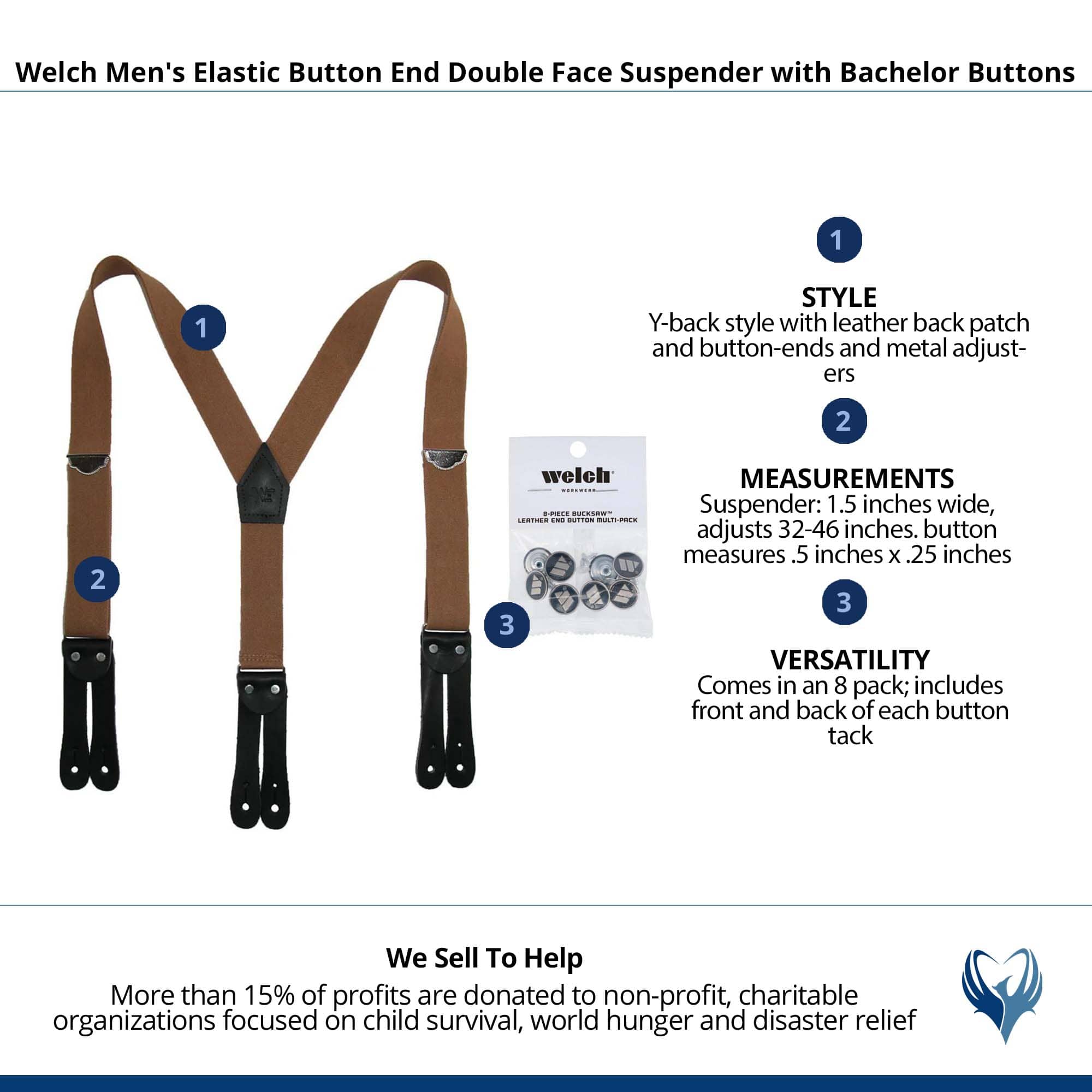 Welch Men's Elastic Button End Double Face Suspender with Bachelor Buttons - Tan