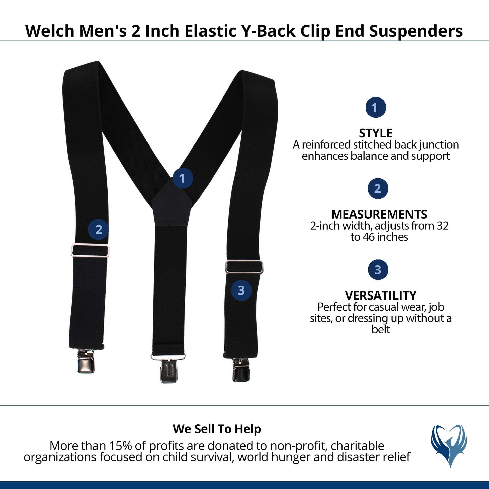 Welch Men's 2 Inch Elastic Y-Back Clip End Suspenders - Black