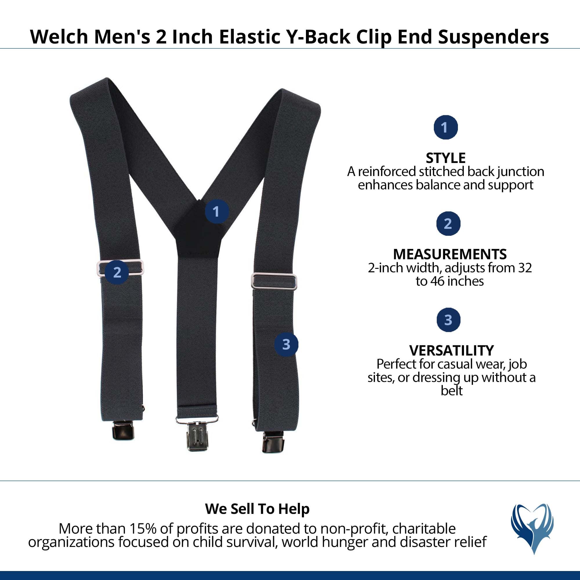 Welch Men's 2 Inch Elastic Y-Back Clip End Suspenders - Grey