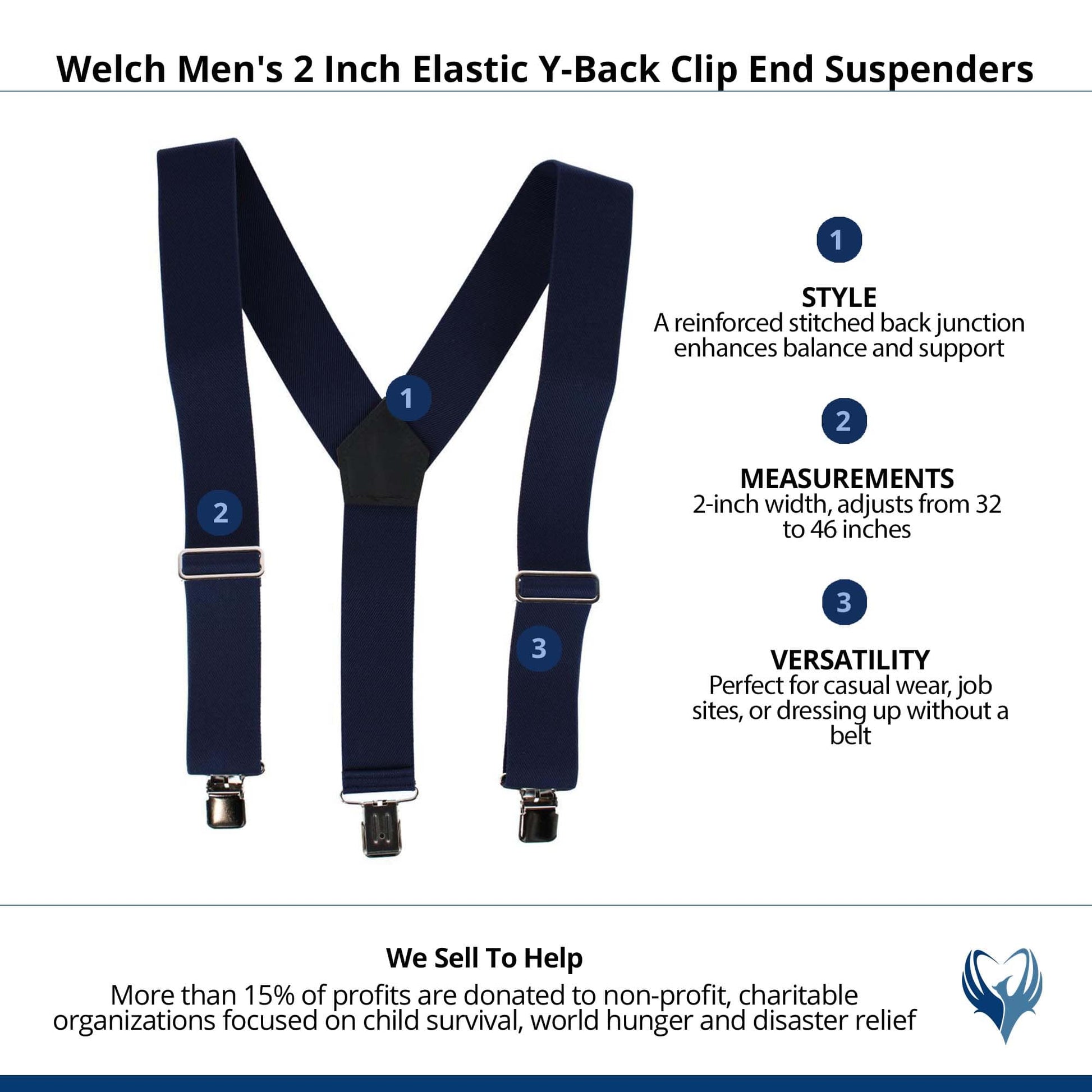Welch Men's 2 Inch Elastic Y-Back Clip End Suspenders - Navy