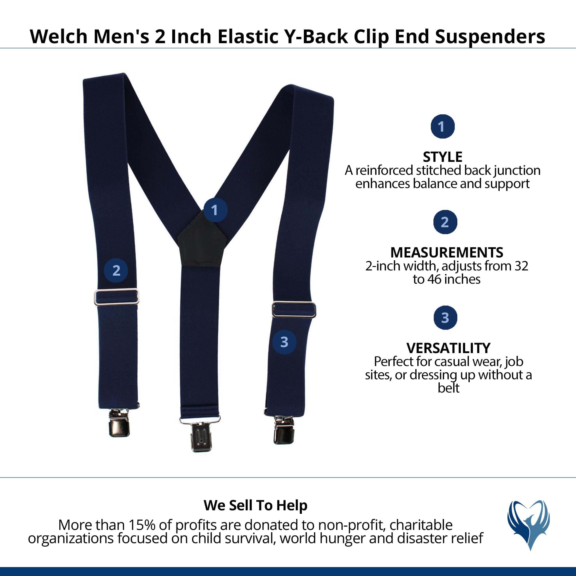 Welch Men's 2 Inch Elastic Y-Back Clip End Suspenders - Navy