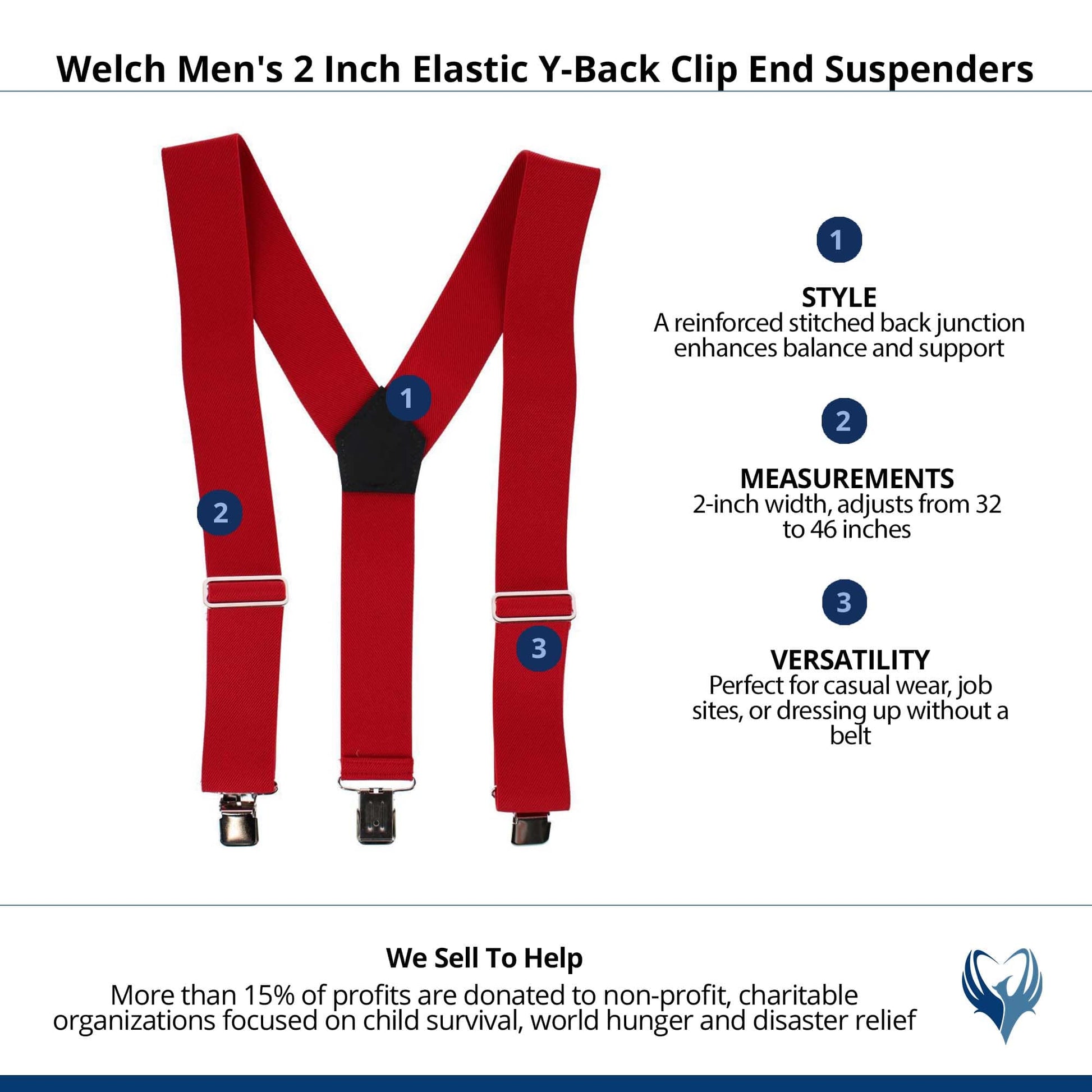 Welch Men's 2 Inch Elastic Y-Back Clip End Suspenders - Red