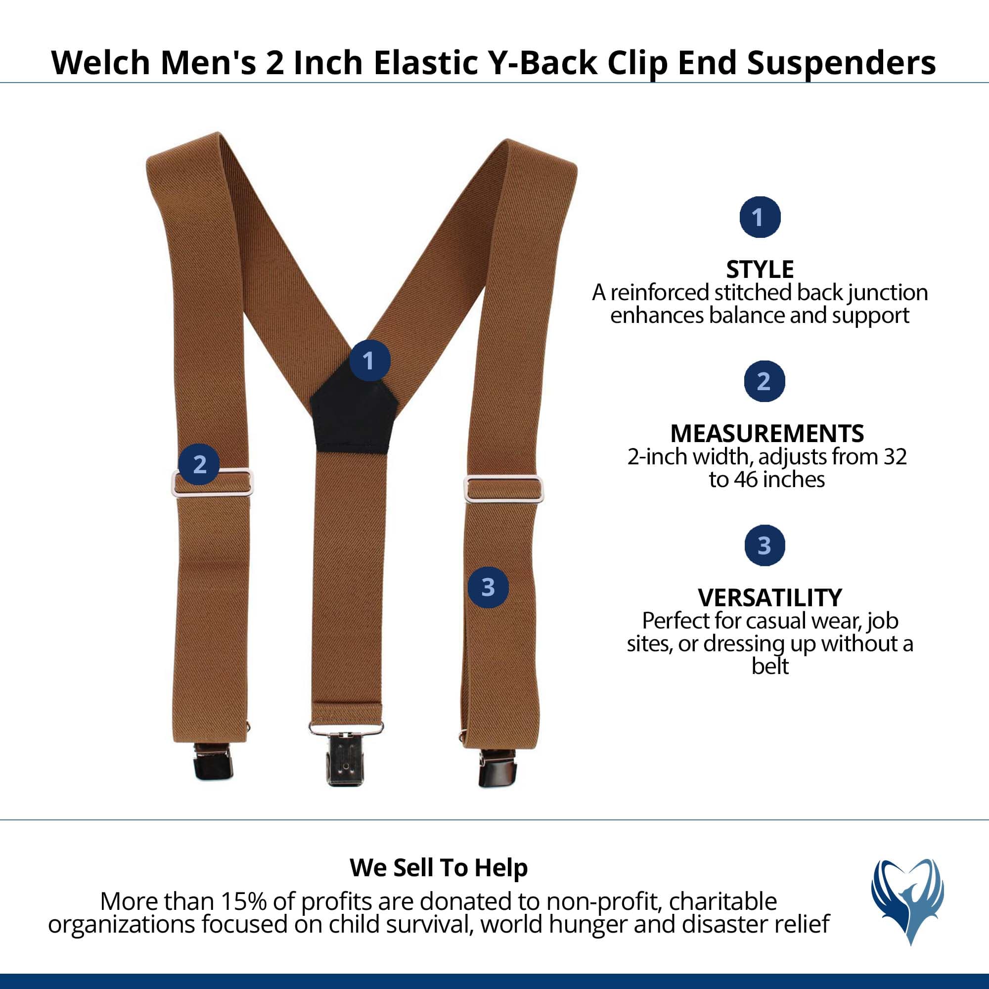 Welch Men's 2 Inch Elastic Y-Back Clip End Suspenders - Tan