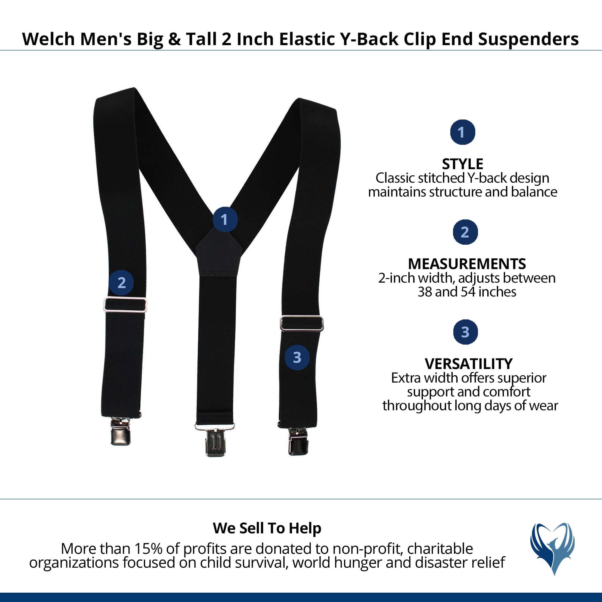 Welch Men's Big & Tall 2 Inch Elastic Y-Back Clip End Suspenders - Black